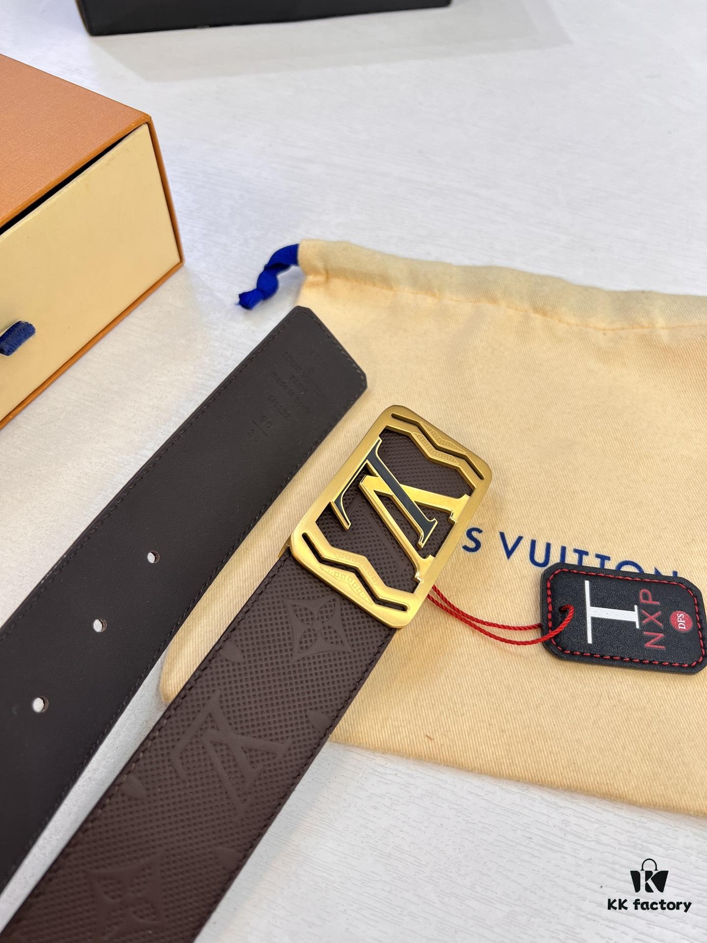 Top-Tier LV Louis Vuitton Belt - Genuine Mold L Letter Polished Stainless Steel Hardware, Inner Buckle Design, 3.8cm Width, Premium French Imported Embossed Cowhide Leather