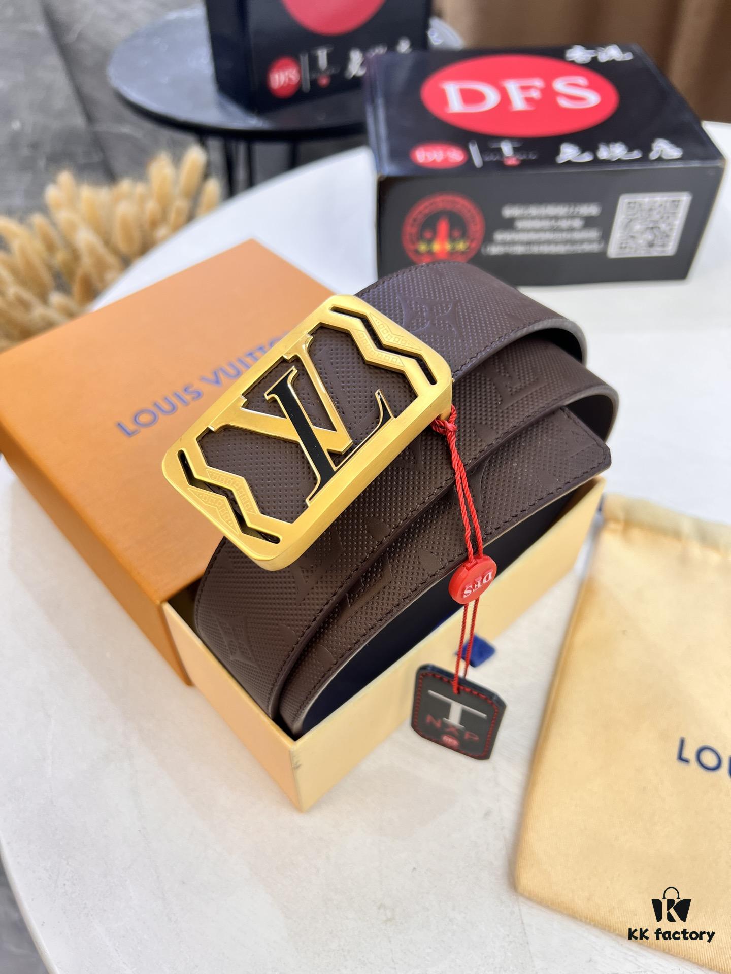 Top-Tier LV Louis Vuitton Belt - Genuine Mold L Letter Polished Stainless Steel Hardware, Inner Buckle Design, 3.8cm Width, Premium French Imported Embossed Cowhide Leather