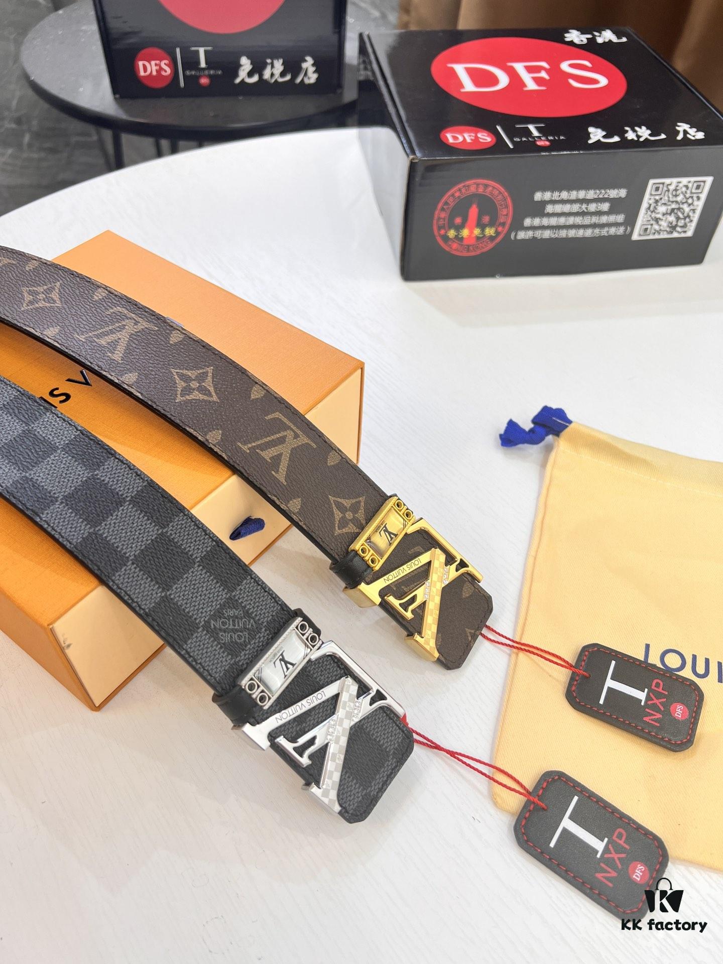 Louis Vuitton LV Belt, New Men's Leather Belt with Monogram Pattern, Imported Fabric, Reversible Design, Diamond-Paved Letters, 3.8cm Width