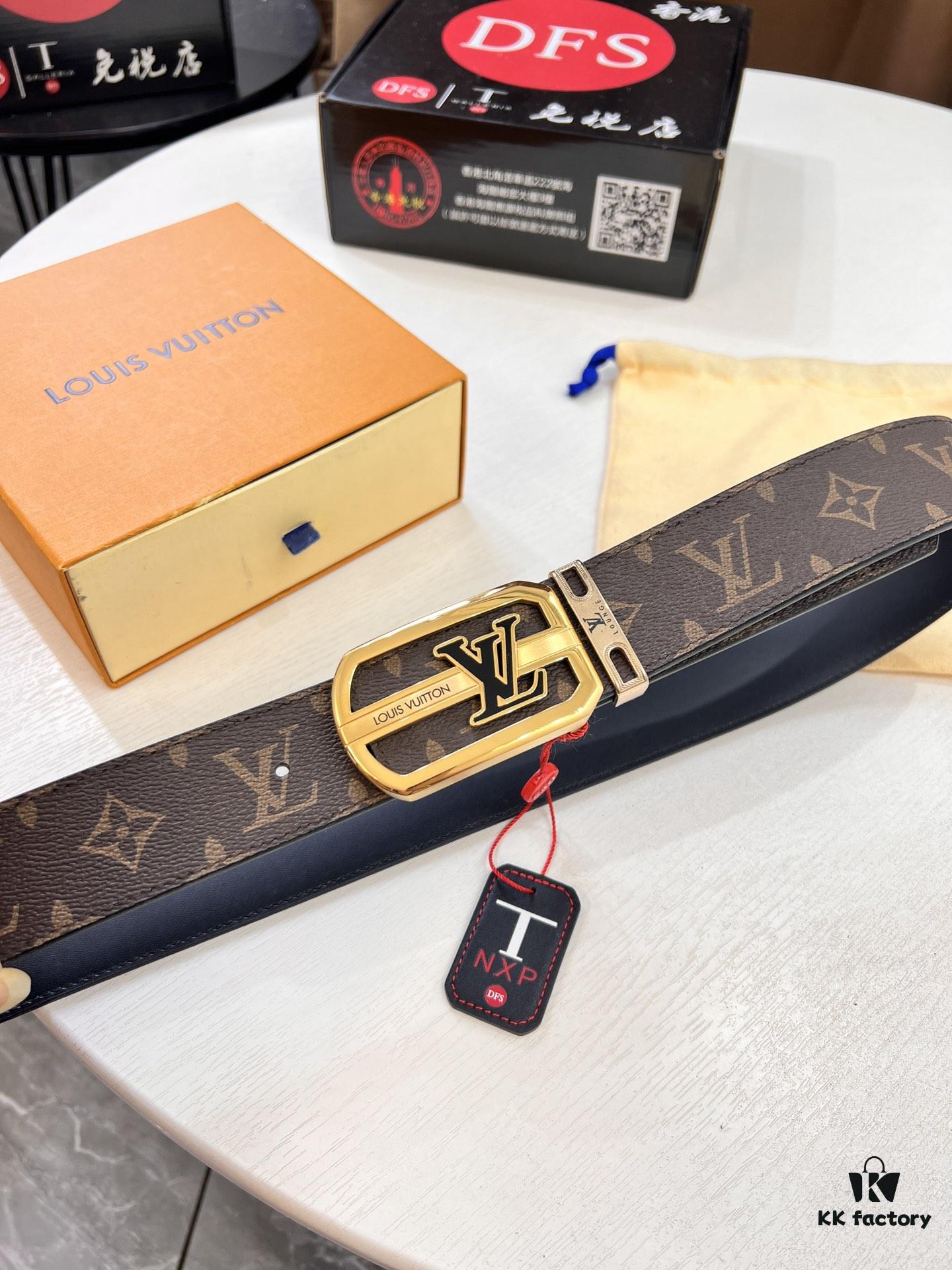 LV Men's Belt, New Arrival, Monogram PVC Imported Fabric, Full Grain Cowhide Leather, 3.8cm Width