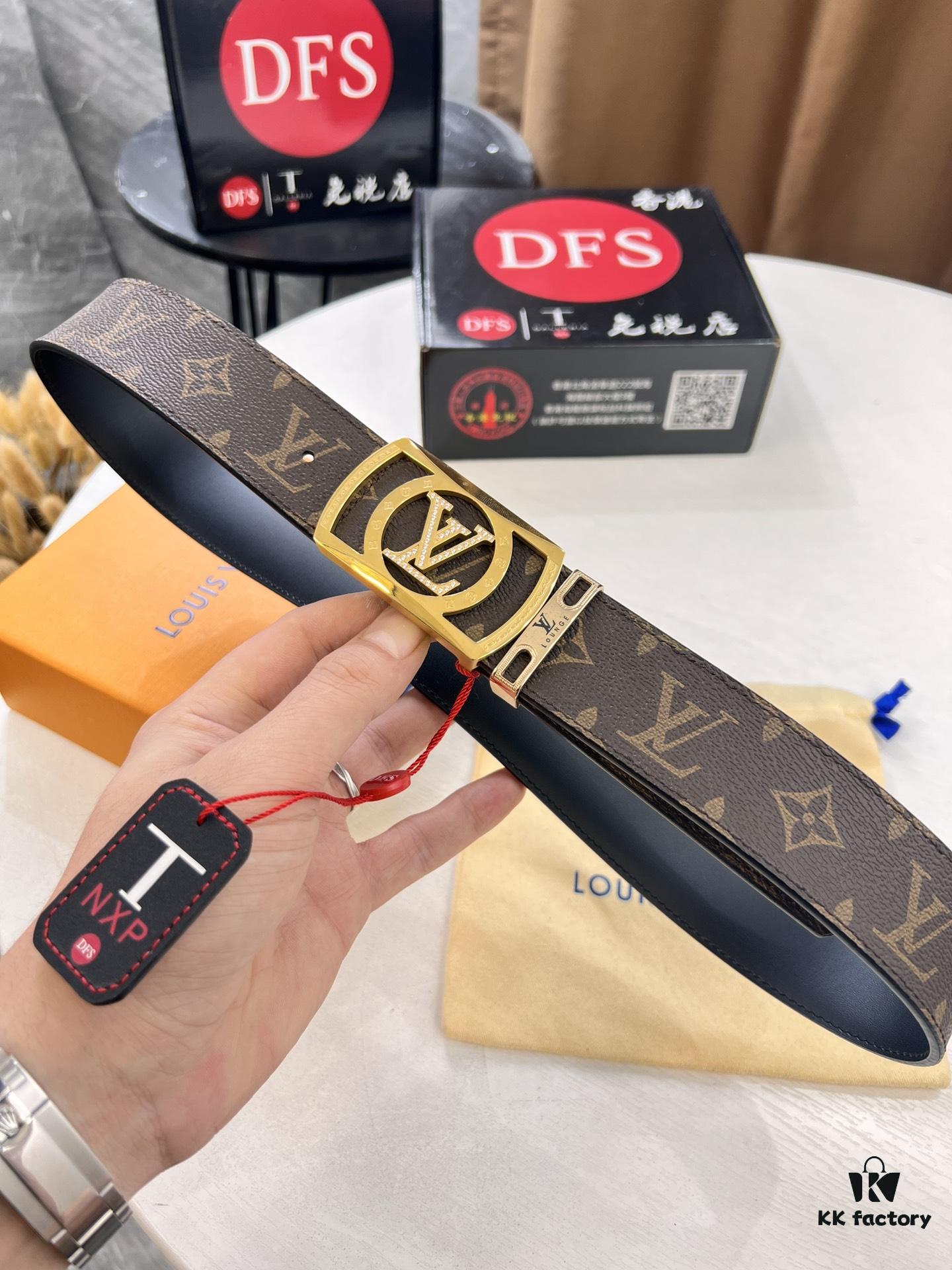 LV Men's Belt, New Arrival Louis Vuitton Monogram PVC Imported Fabric with Original Calfskin Leather, Diamond-Paved Letter Hardware, 3.8cm Width