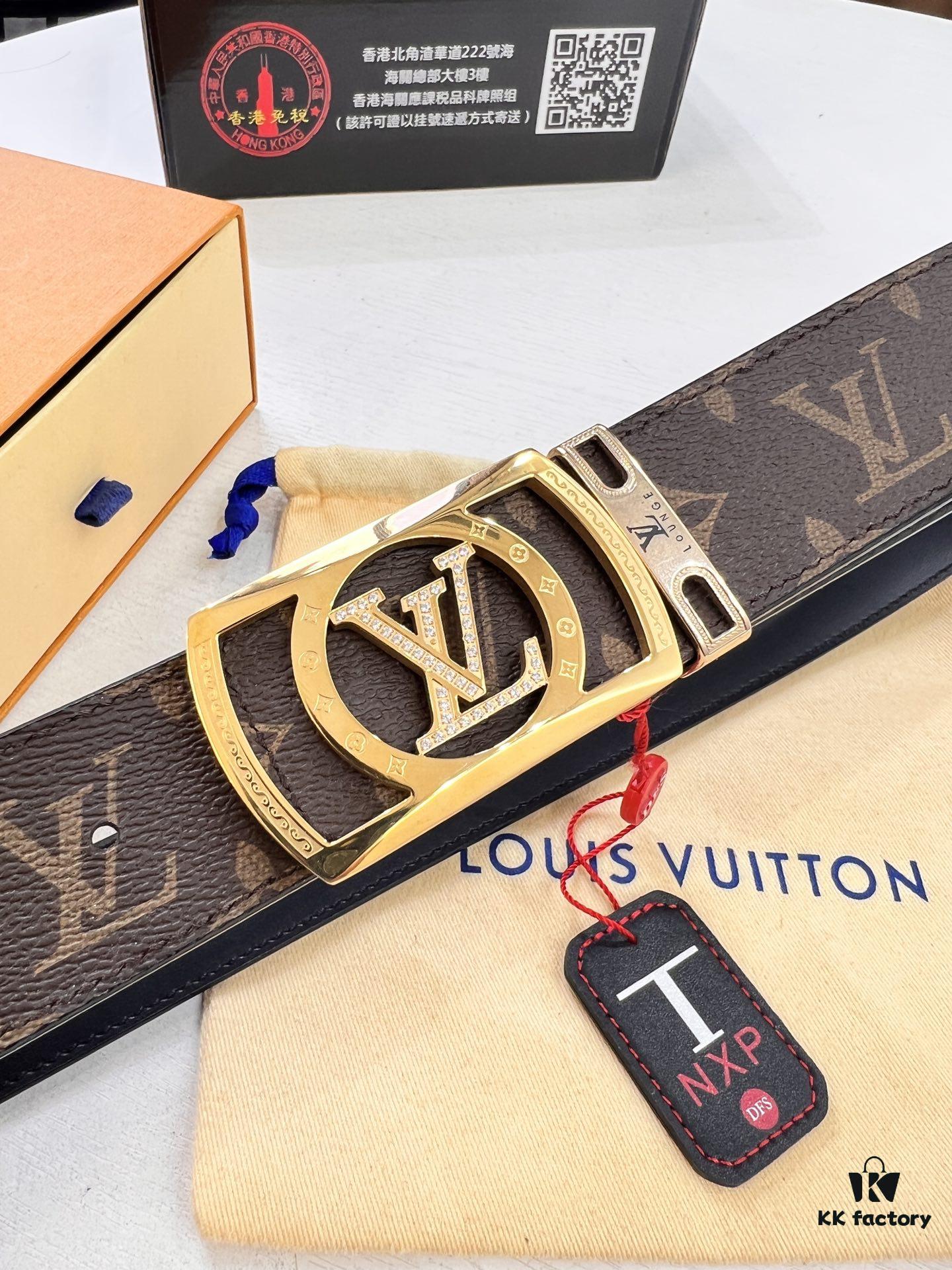 LV Men's Belt, New Arrival Louis Vuitton Monogram PVC Imported Fabric with Original Calfskin Leather, Diamond-Paved Letter Hardware, 3.8cm Width