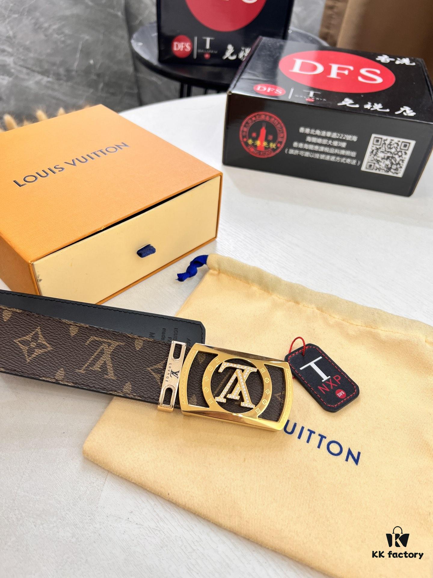 LV Men's Belt, New Arrival Louis Vuitton Monogram PVC Imported Fabric with Original Calfskin Leather, Diamond-Paved Letter Hardware, 3.8cm Width