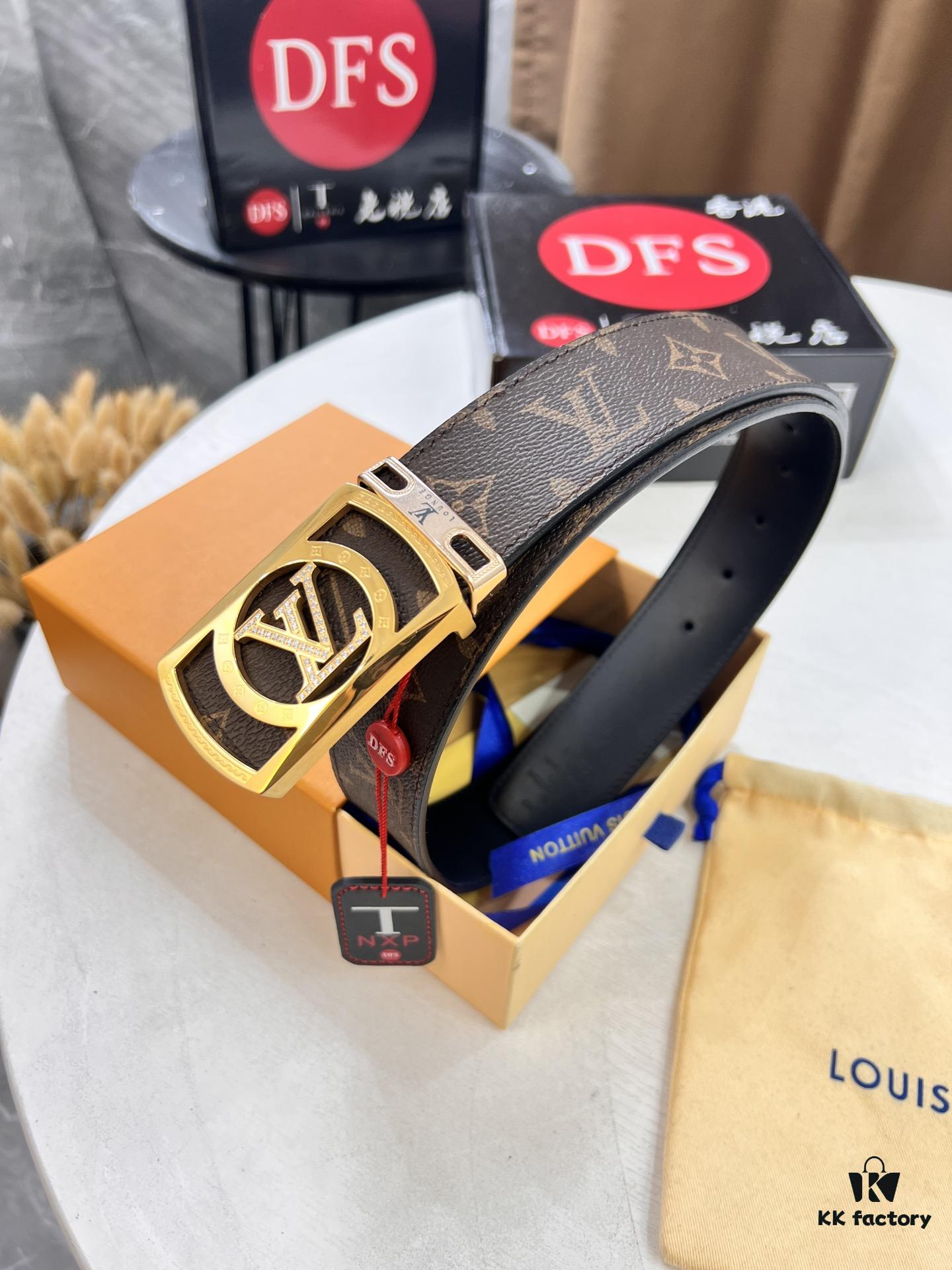 LV Men's Belt, New Arrival Louis Vuitton Monogram PVC Imported Fabric with Original Calfskin Leather, Diamond-Paved Letter Hardware, 3.8cm Width