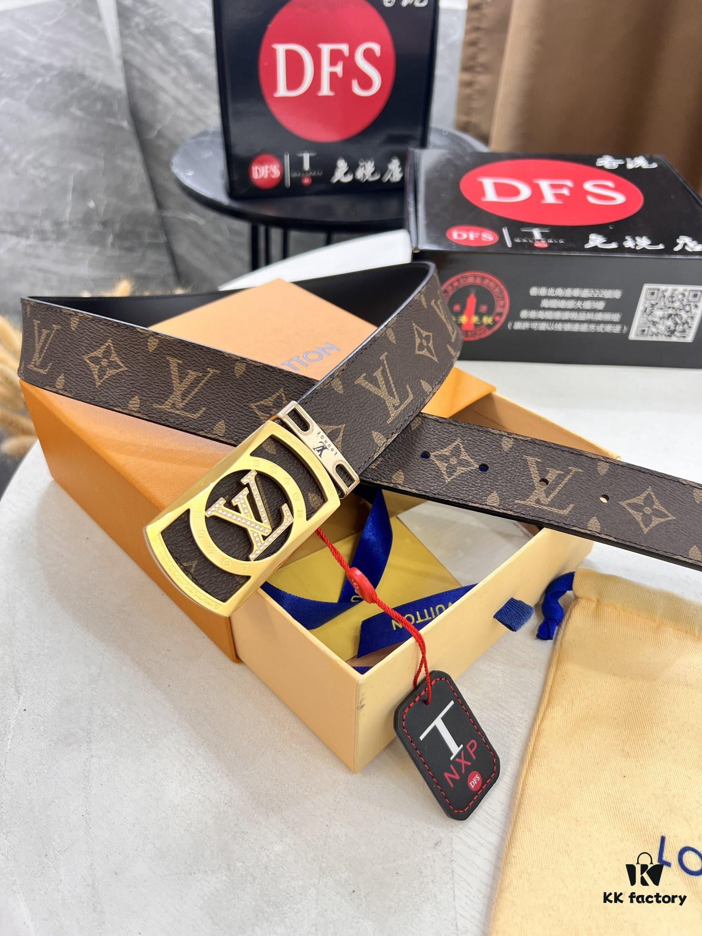 LV Men's Belt, New Arrival Louis Vuitton Monogram PVC Imported Fabric with Original Calfskin Leather, Diamond-Paved Letter Hardware, 3.8cm Width