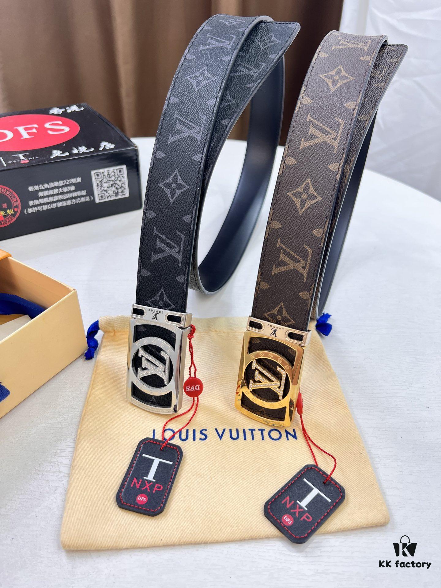 LV Men's Belt, New Arrival Louis Vuitton Monogram PVC Imported Fabric with Original Calfskin Leather, Diamond-Paved Letter Hardware, 3.8cm Width