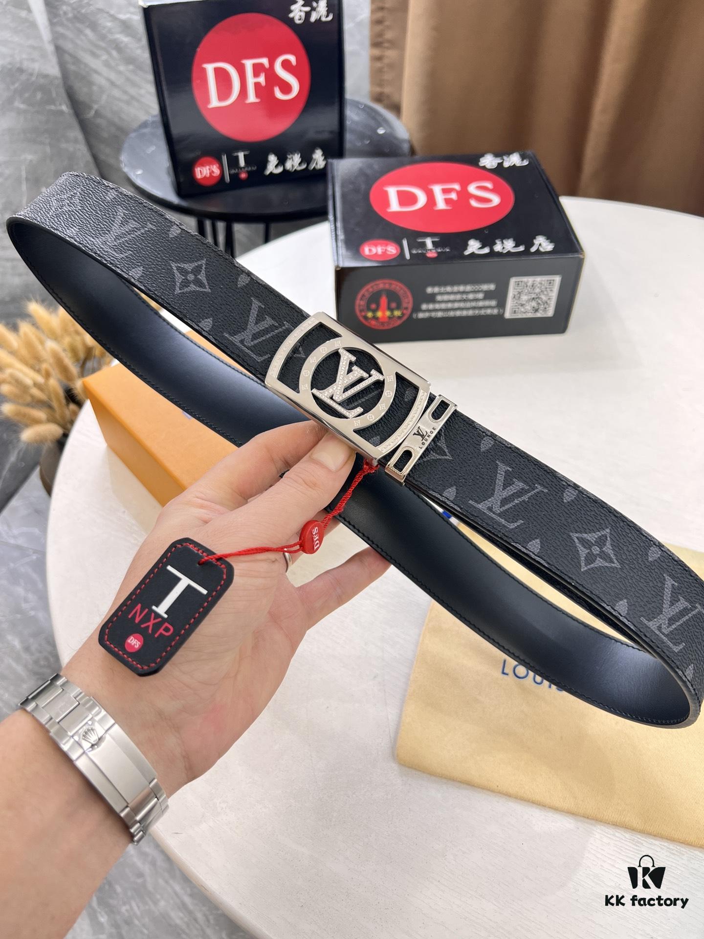 LV Men's Belt, New Monogram PVC Imported Fabric, Genuine Cowhide with Diamond-Encrusted Buckle, 3.8cm Width