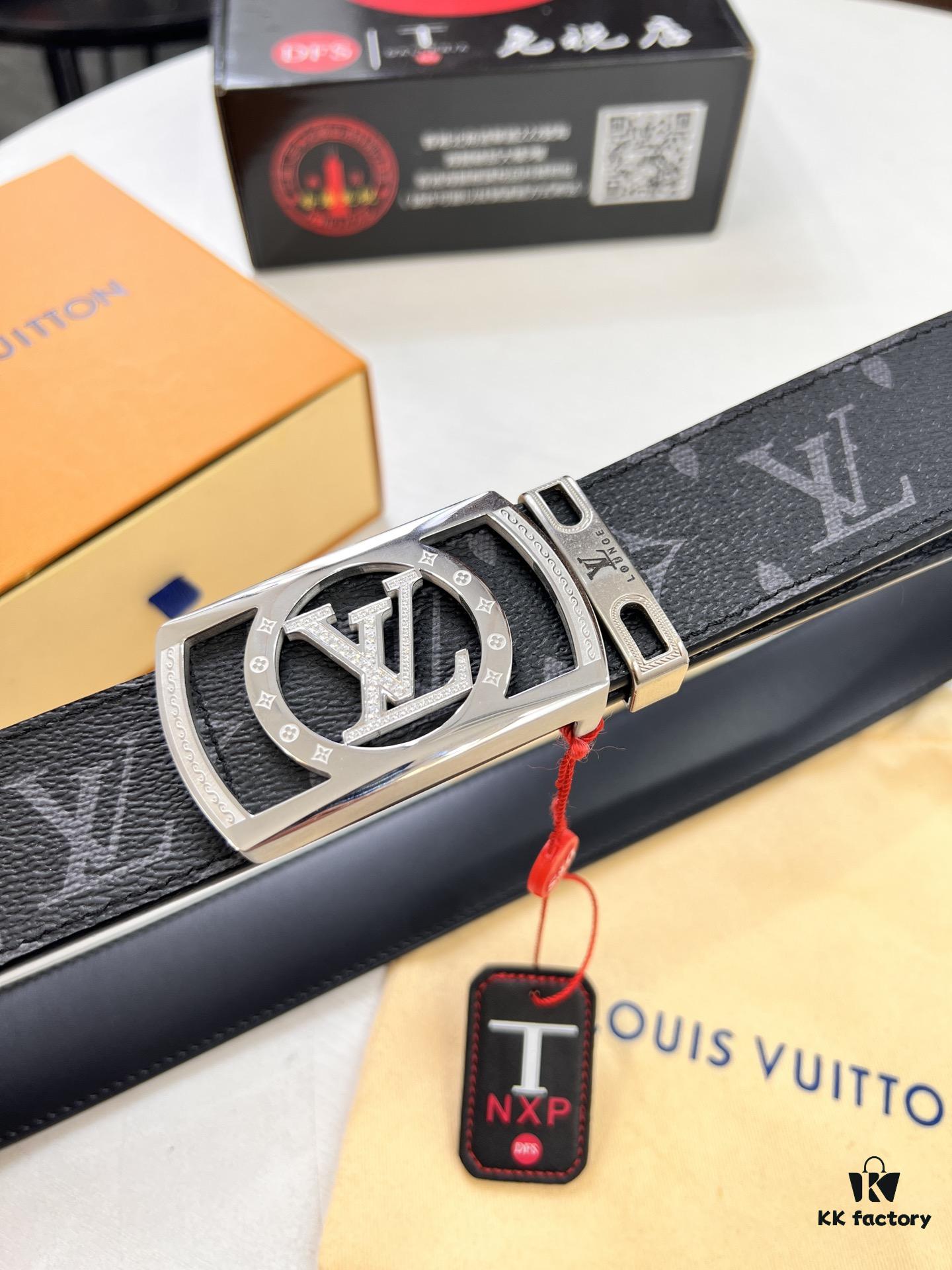 LV Men's Belt, New Monogram PVC Imported Fabric, Genuine Cowhide with Diamond-Encrusted Buckle, 3.8cm Width