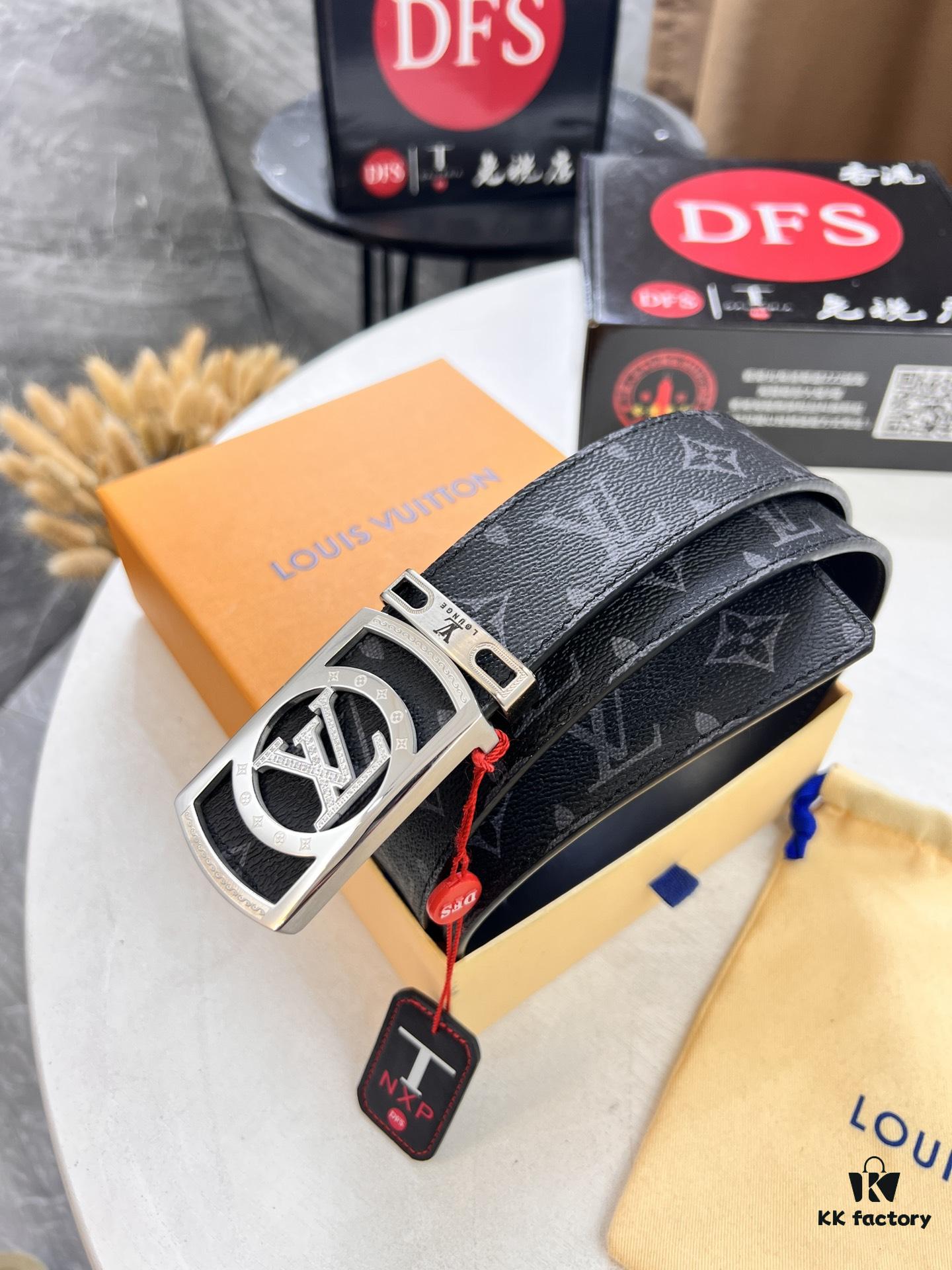 LV Men's Belt, New Monogram PVC Imported Fabric, Genuine Cowhide with Diamond-Encrusted Buckle, 3.8cm Width