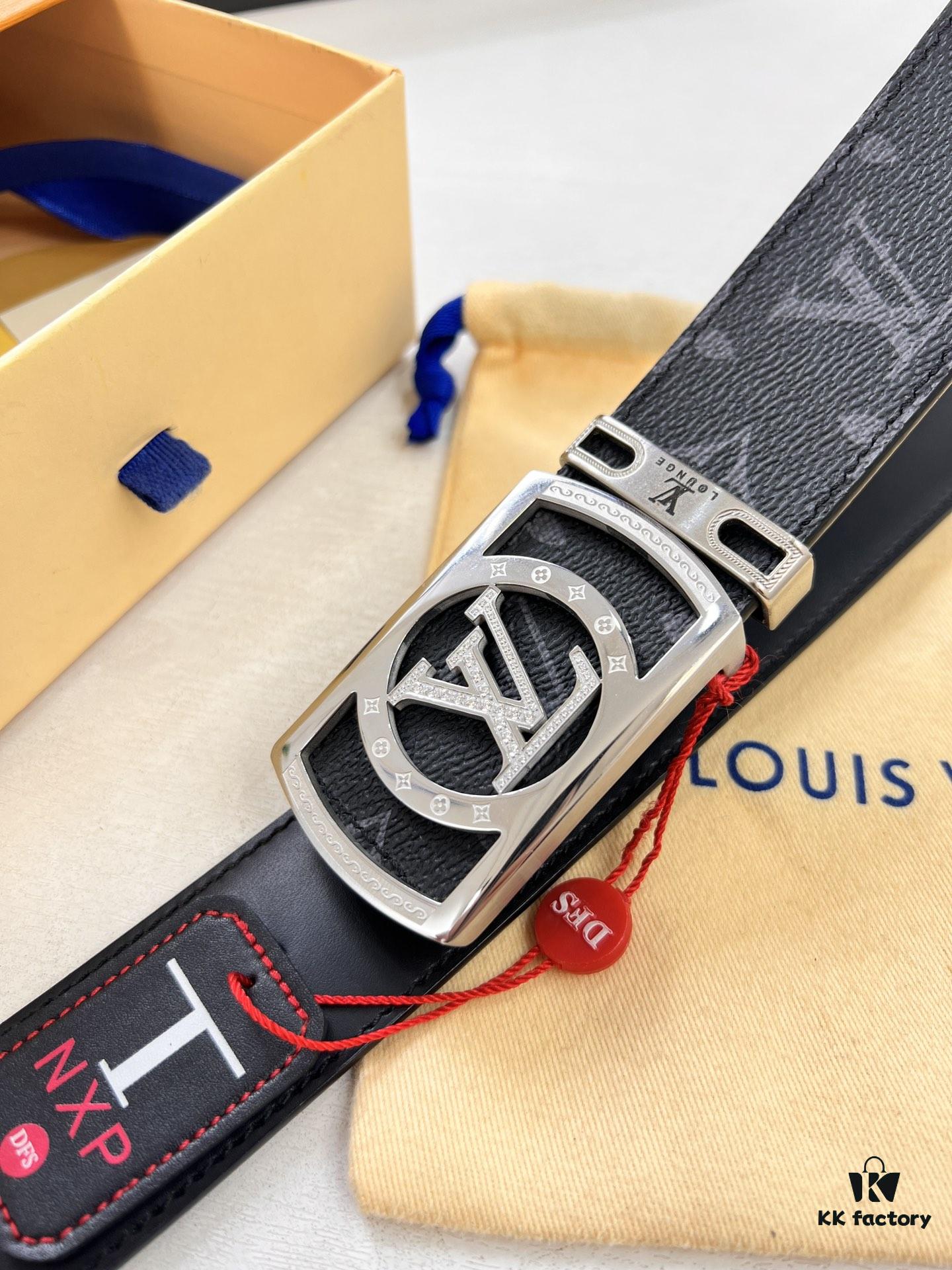 LV Men's Belt, New Monogram PVC Imported Fabric, Genuine Cowhide with Diamond-Encrusted Buckle, 3.8cm Width