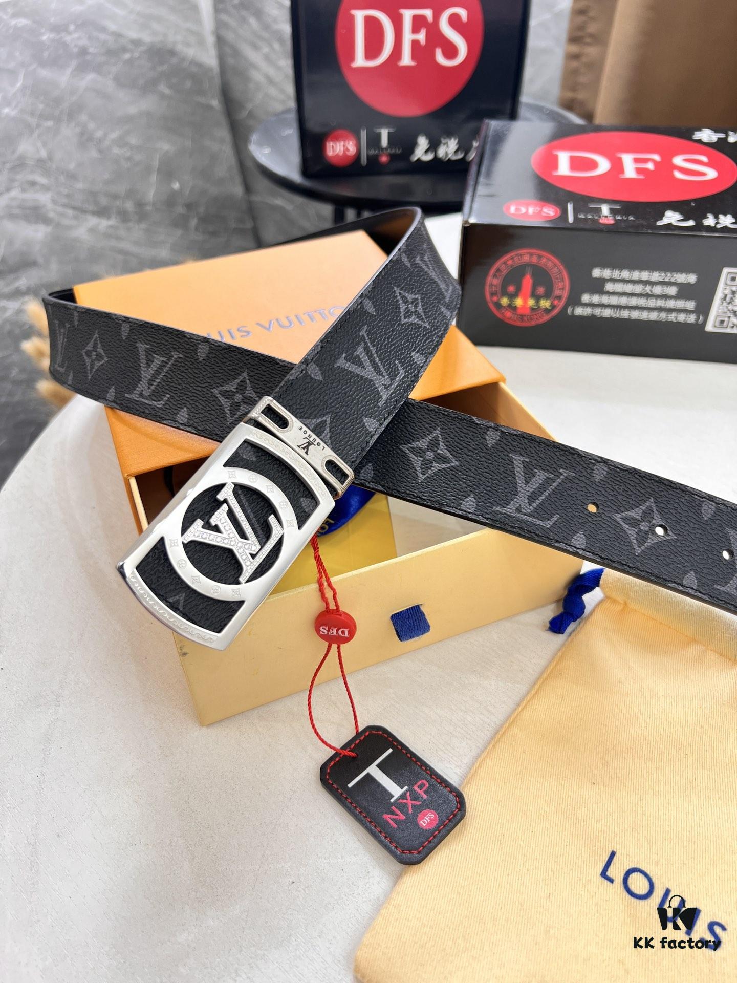 LV Men's Belt, New Monogram PVC Imported Fabric, Genuine Cowhide with Diamond-Encrusted Buckle, 3.8cm Width