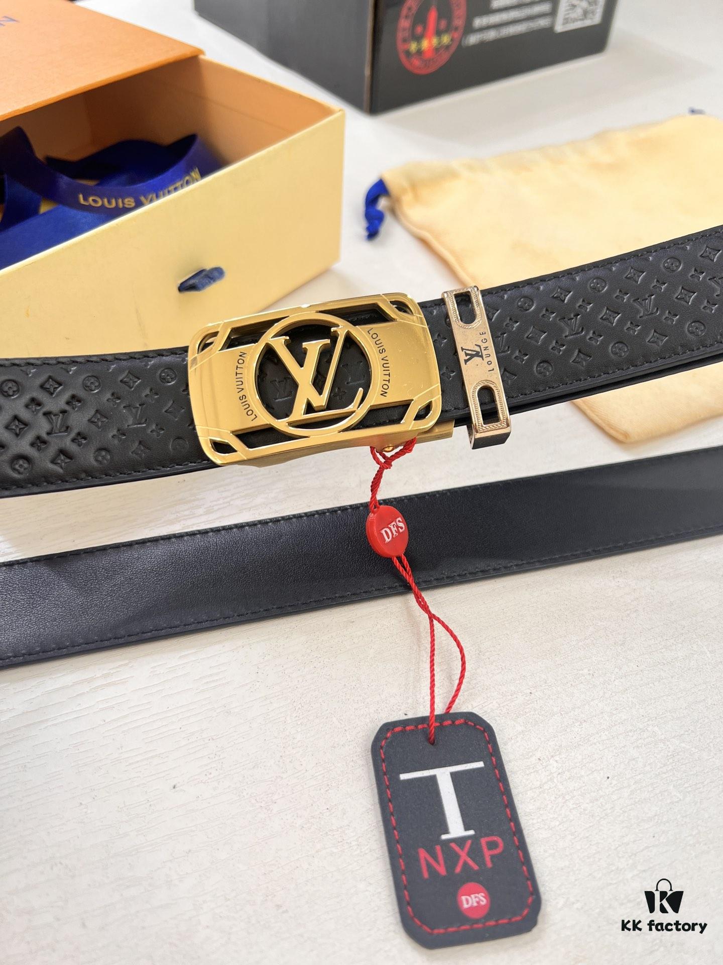 Louis Vuitton Automatic Buckle Belt, Top-Quality Genuine Leather, Imported Full-Grain Calfskin with Refined Grain Texture, 3.5 cm Width, Luxury Business Formal Accessory