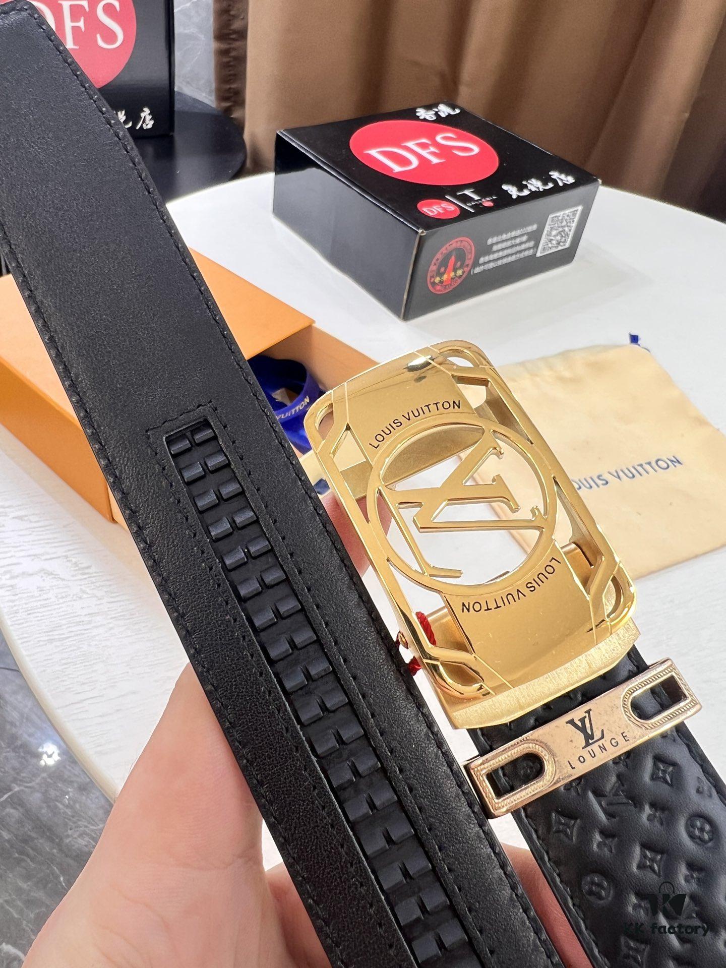 Louis Vuitton Automatic Buckle Belt, Top-Quality Genuine Leather, Imported Full-Grain Calfskin with Refined Grain Texture, 3.5 cm Width, Luxury Business Formal Accessory