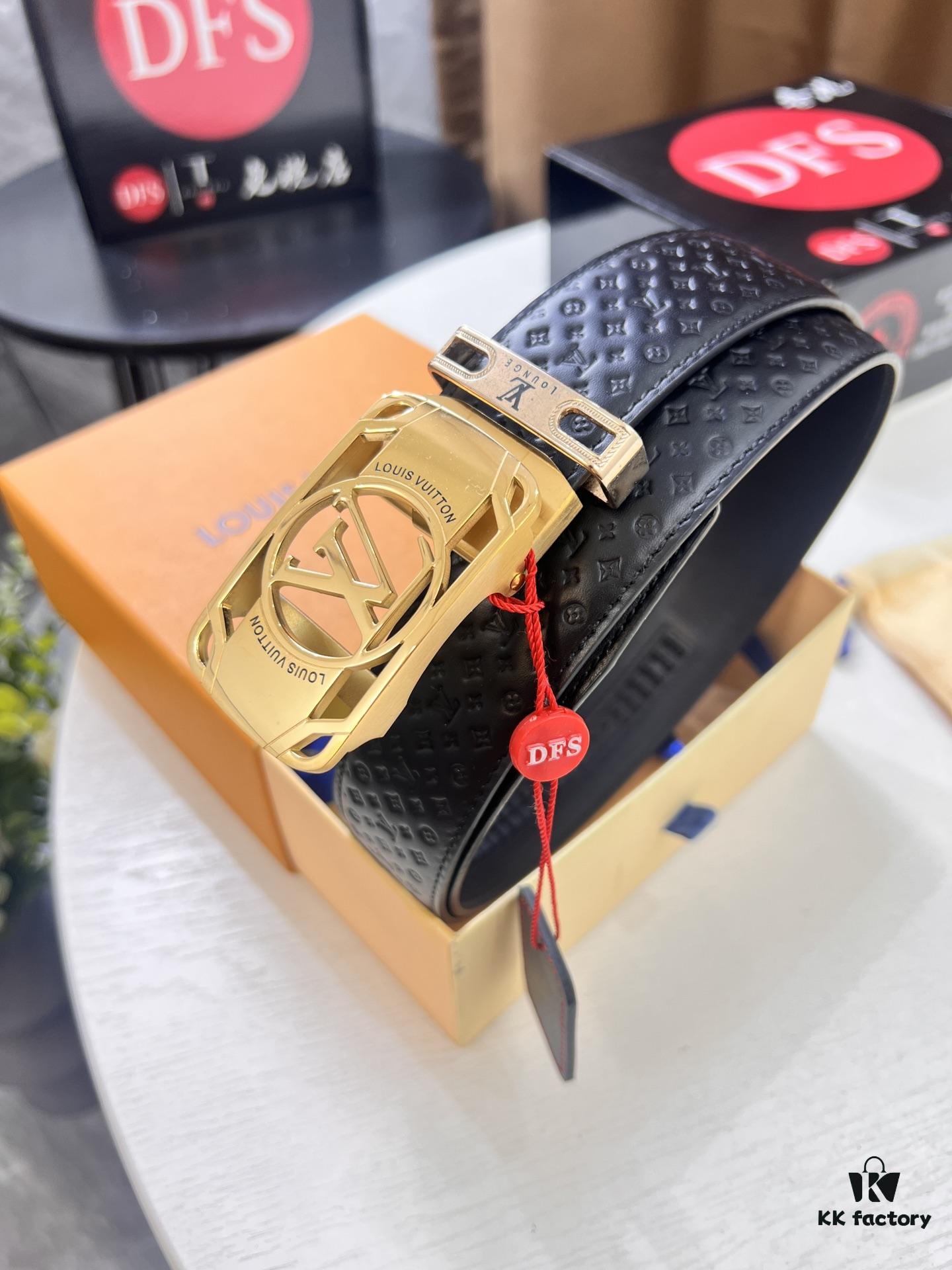 Louis Vuitton Automatic Buckle Belt, Top-Quality Genuine Leather, Imported Full-Grain Calfskin with Refined Grain Texture, 3.5 cm Width, Luxury Business Formal Accessory