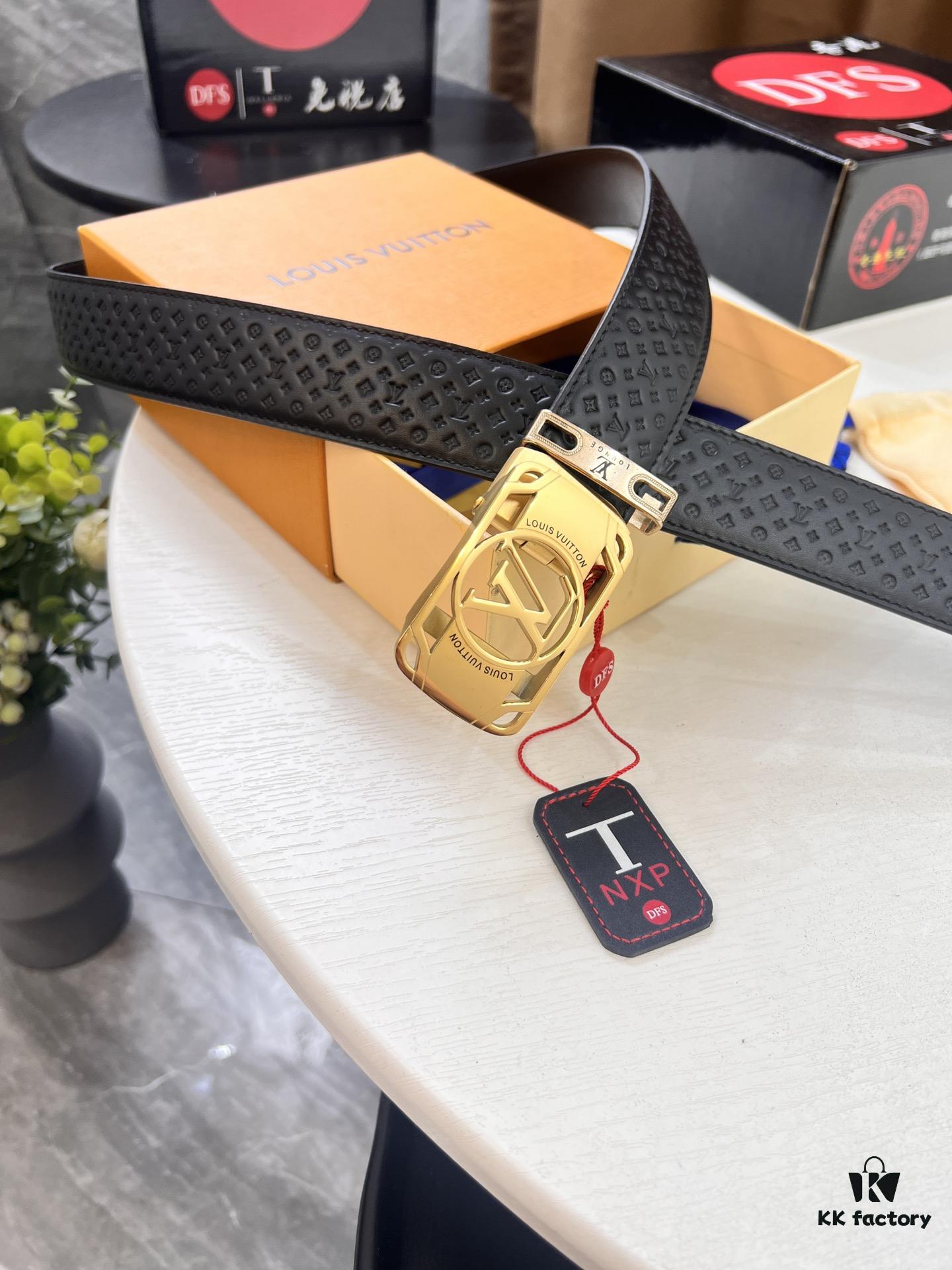 Louis Vuitton Automatic Buckle Belt, Top-Quality Genuine Leather, Imported Full-Grain Calfskin with Refined Grain Texture, 3.5 cm Width, Luxury Business Formal Accessory