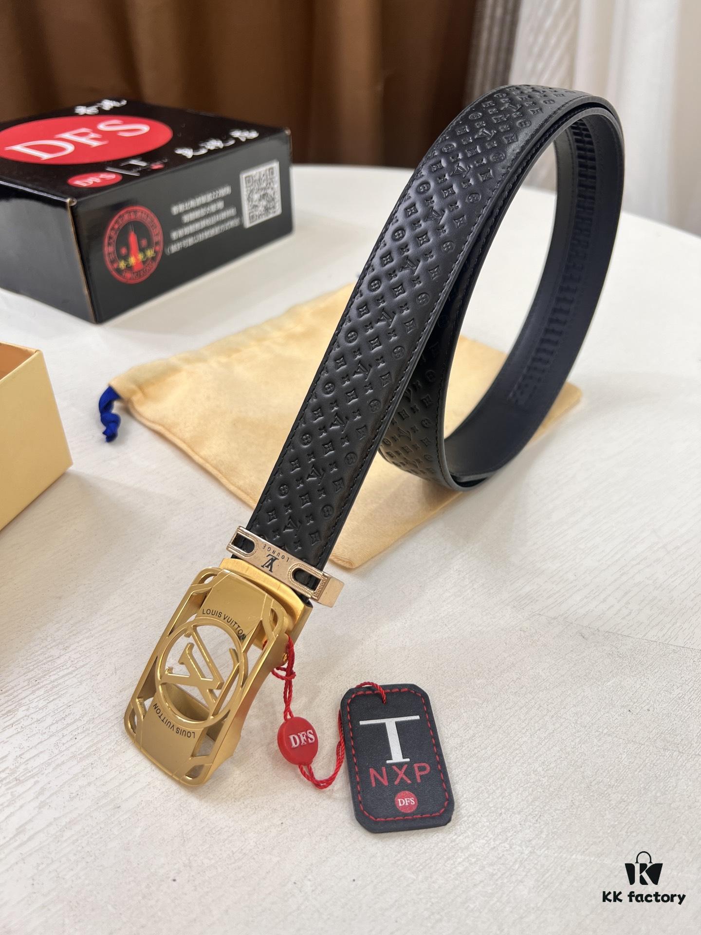 Louis Vuitton Automatic Buckle Belt, Top-Quality Genuine Leather, Imported Full-Grain Calfskin with Refined Grain Texture, 3.5 cm Width, Luxury Business Formal Accessory
