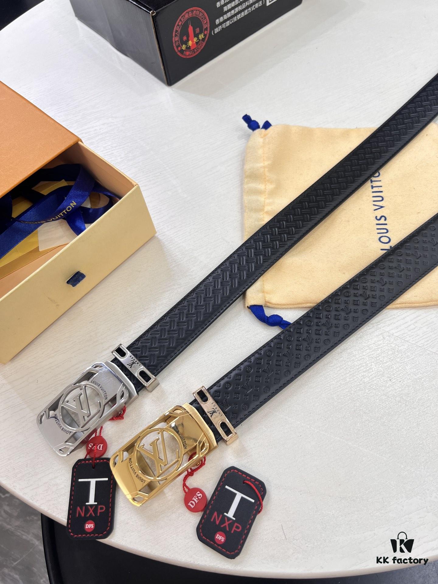 Louis Vuitton Automatic Buckle Belt, Top-Quality Genuine Leather, Imported Full-Grain Calfskin with Refined Grain Texture, 3.5 cm Width, Luxury Business Formal Accessory