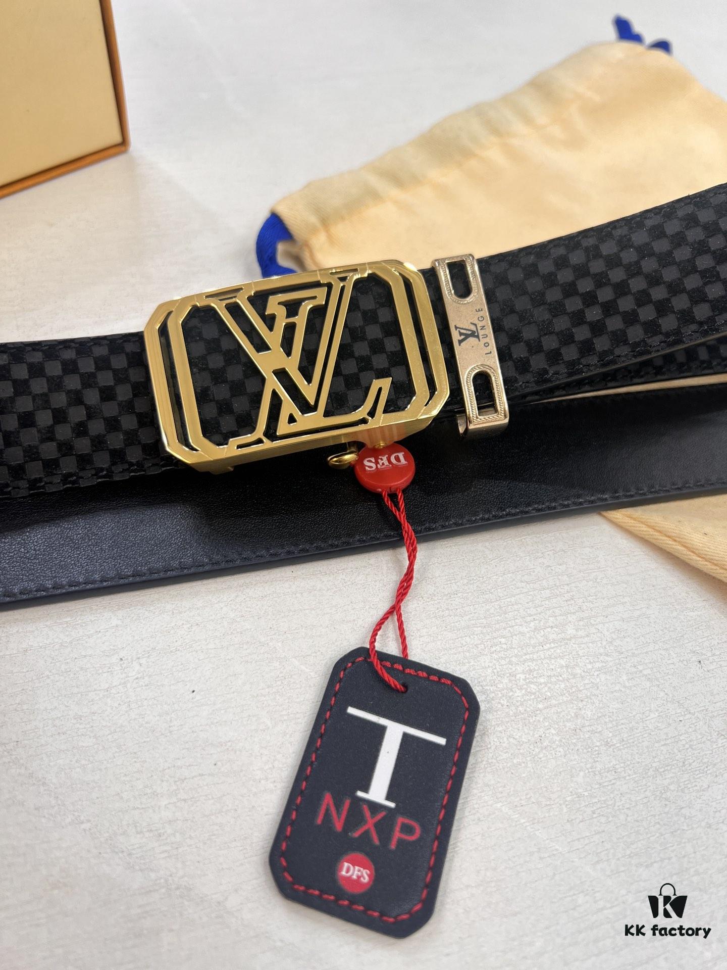 Louis Vuitton Automatic Buckle Belt, Top-Quality Genuine Leather, Imported Full-Grain Calfskin, 3.5 cm Width, LV Stainless Steel Hardware