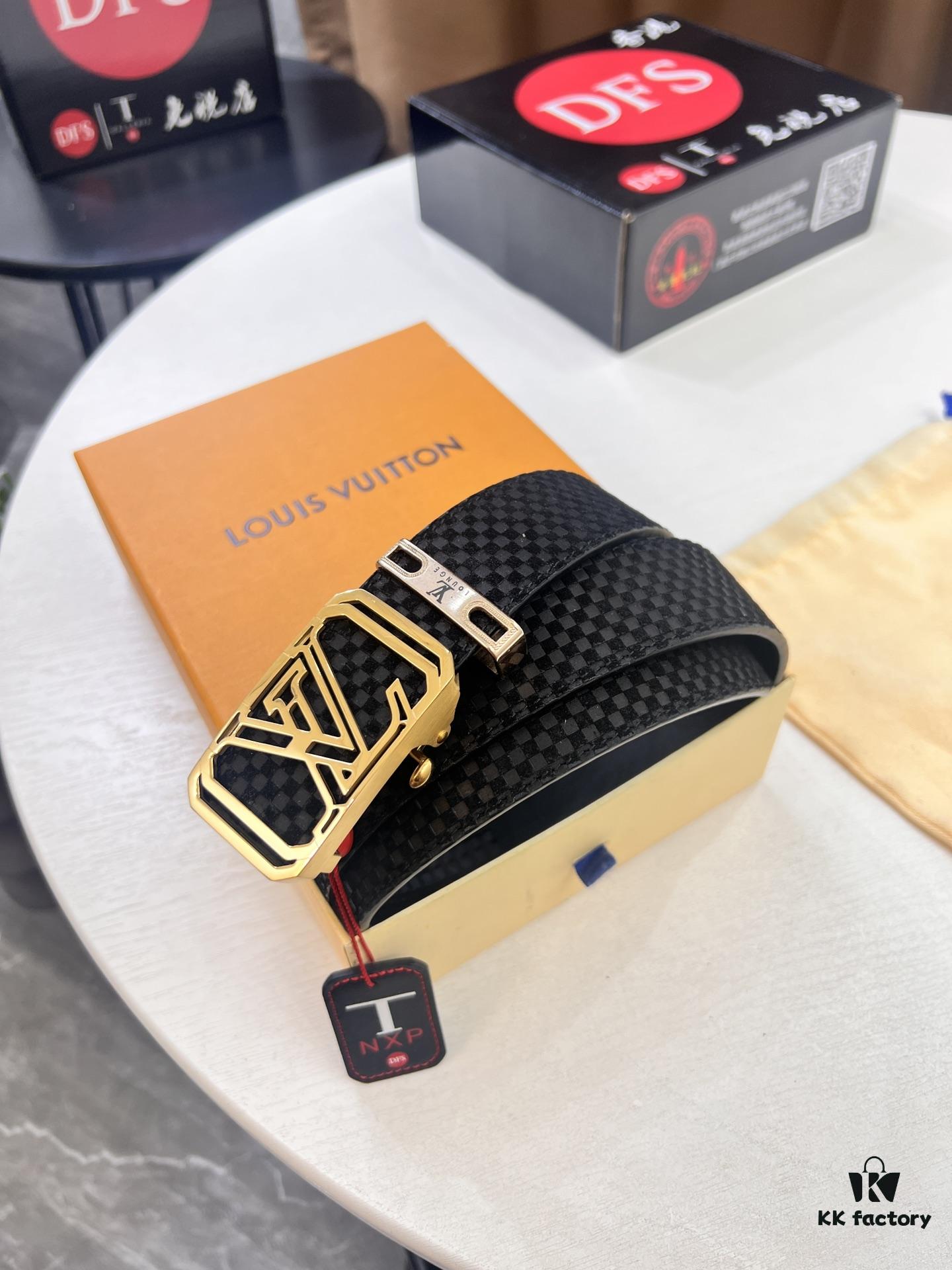 Louis Vuitton Automatic Buckle Belt, Top-Quality Genuine Leather, Imported Full-Grain Calfskin, 3.5 cm Width, LV Stainless Steel Hardware