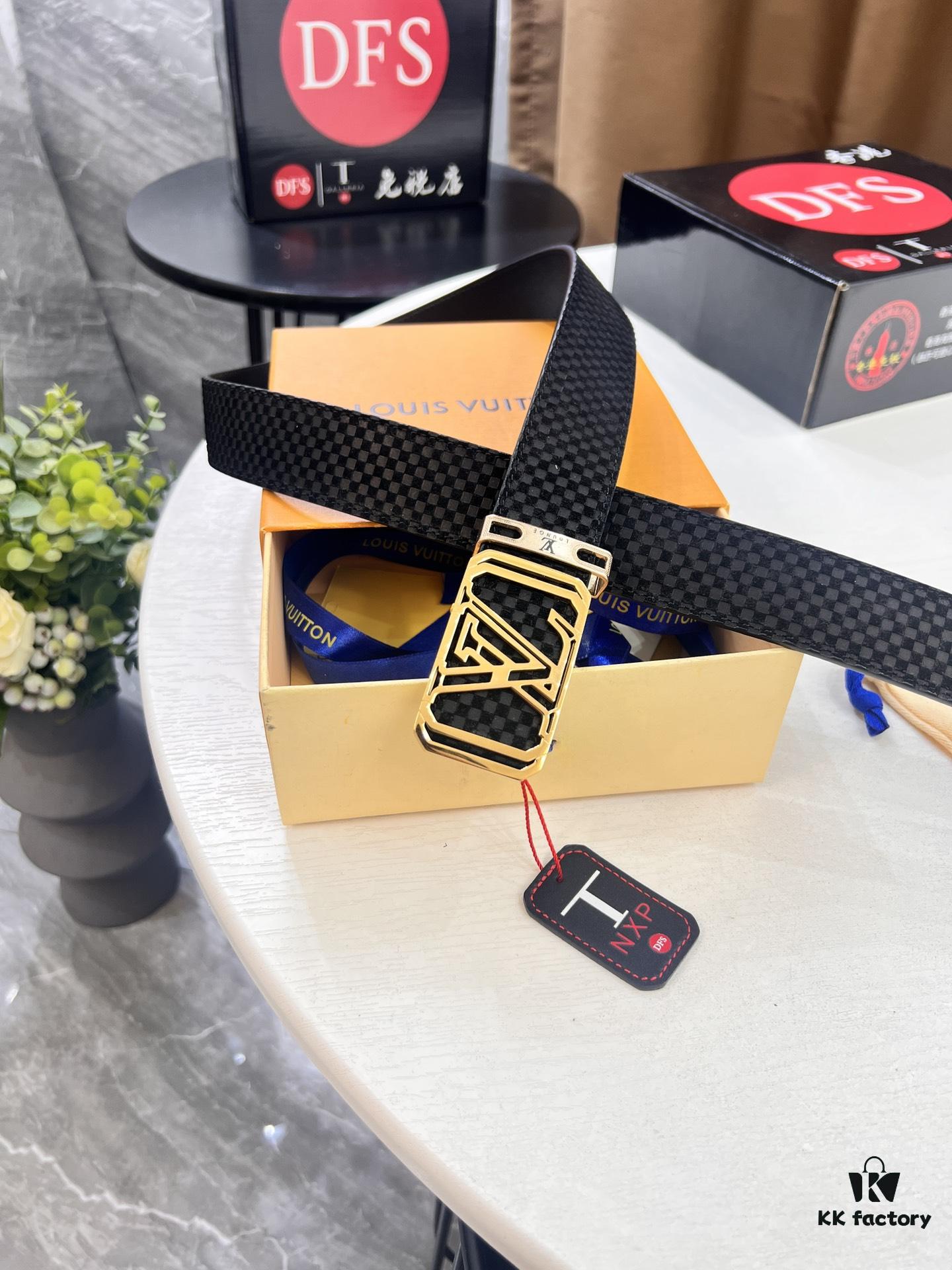 Louis Vuitton Automatic Buckle Belt, Top-Quality Genuine Leather, Imported Full-Grain Calfskin, 3.5 cm Width, LV Stainless Steel Hardware