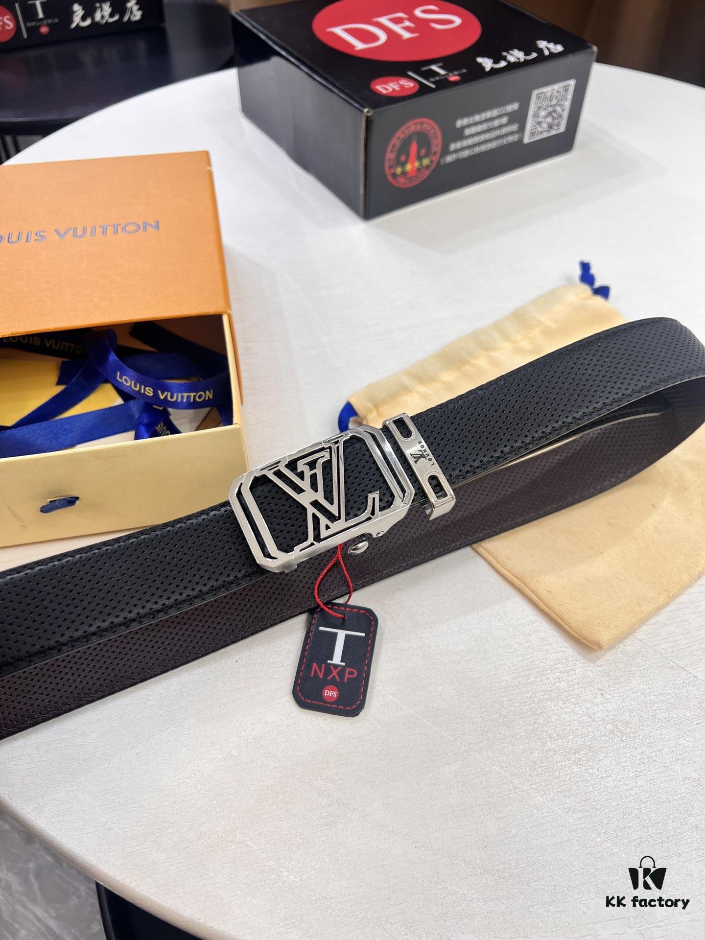 Louis Vuitton Automatic Buckle Belt, Top-Quality Genuine Leather, Imported Full-Grain Calfskin with Fine Grain Texture, 3.5 cm Width, Smooth Slide Mechanism, Stainless Steel LV Hardware