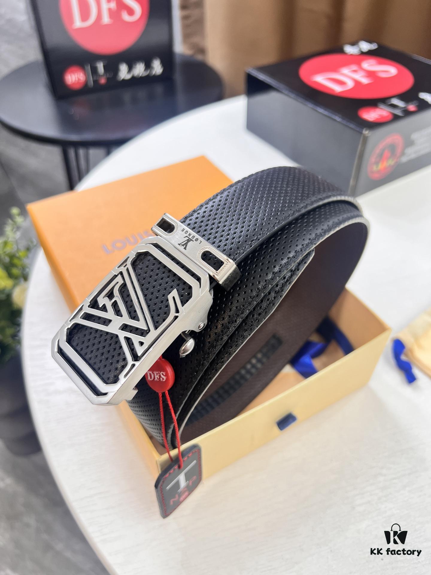 Louis Vuitton Automatic Buckle Belt, Top-Quality Genuine Leather, Imported Full-Grain Calfskin with Fine Grain Texture, 3.5 cm Width, Smooth Slide Mechanism, Stainless Steel LV Hardware