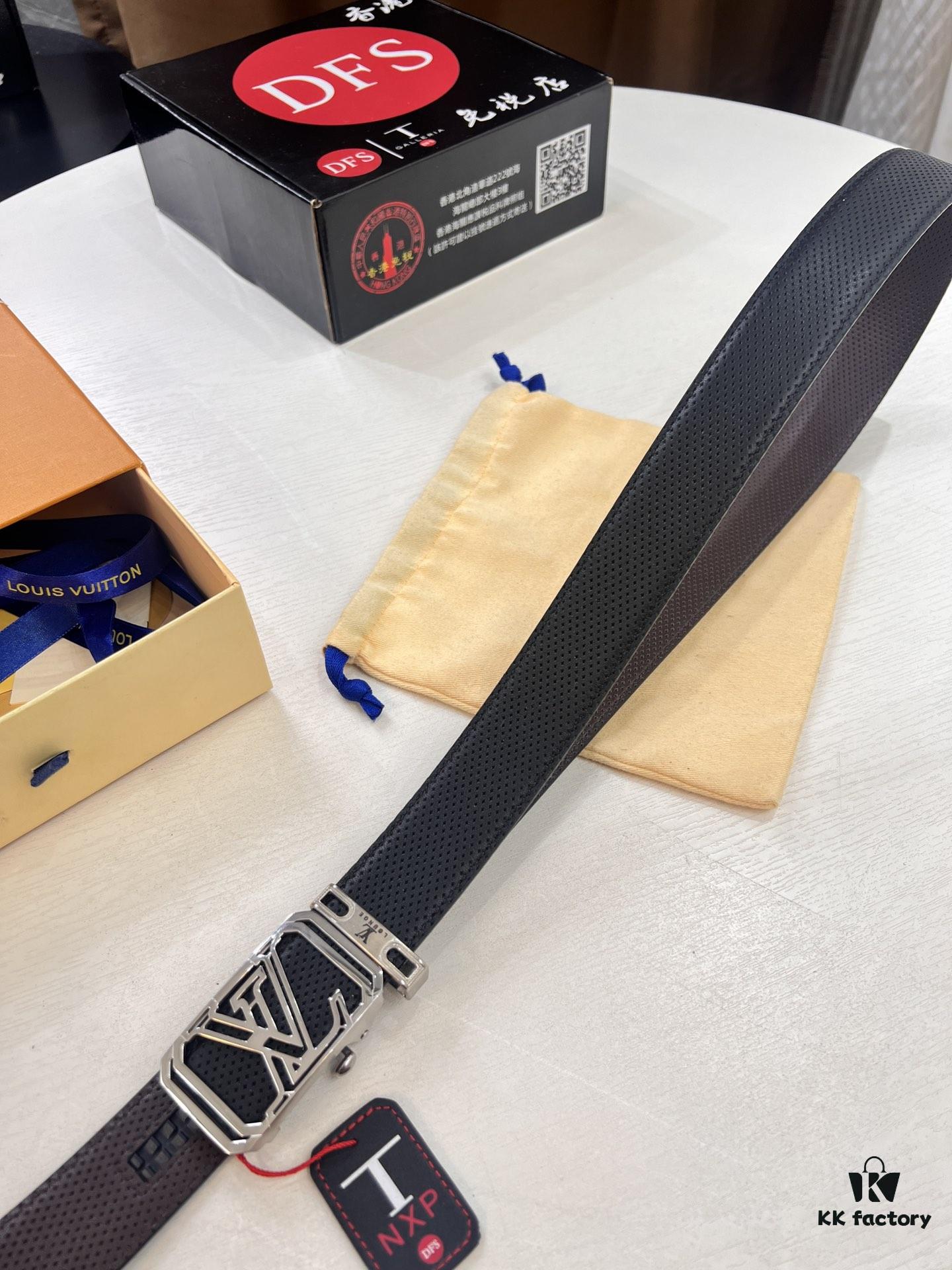 Louis Vuitton Automatic Buckle Belt, Top-Quality Genuine Leather, Imported Full-Grain Calfskin with Fine Grain Texture, 3.5 cm Width, Smooth Slide Mechanism, Stainless Steel LV Hardware