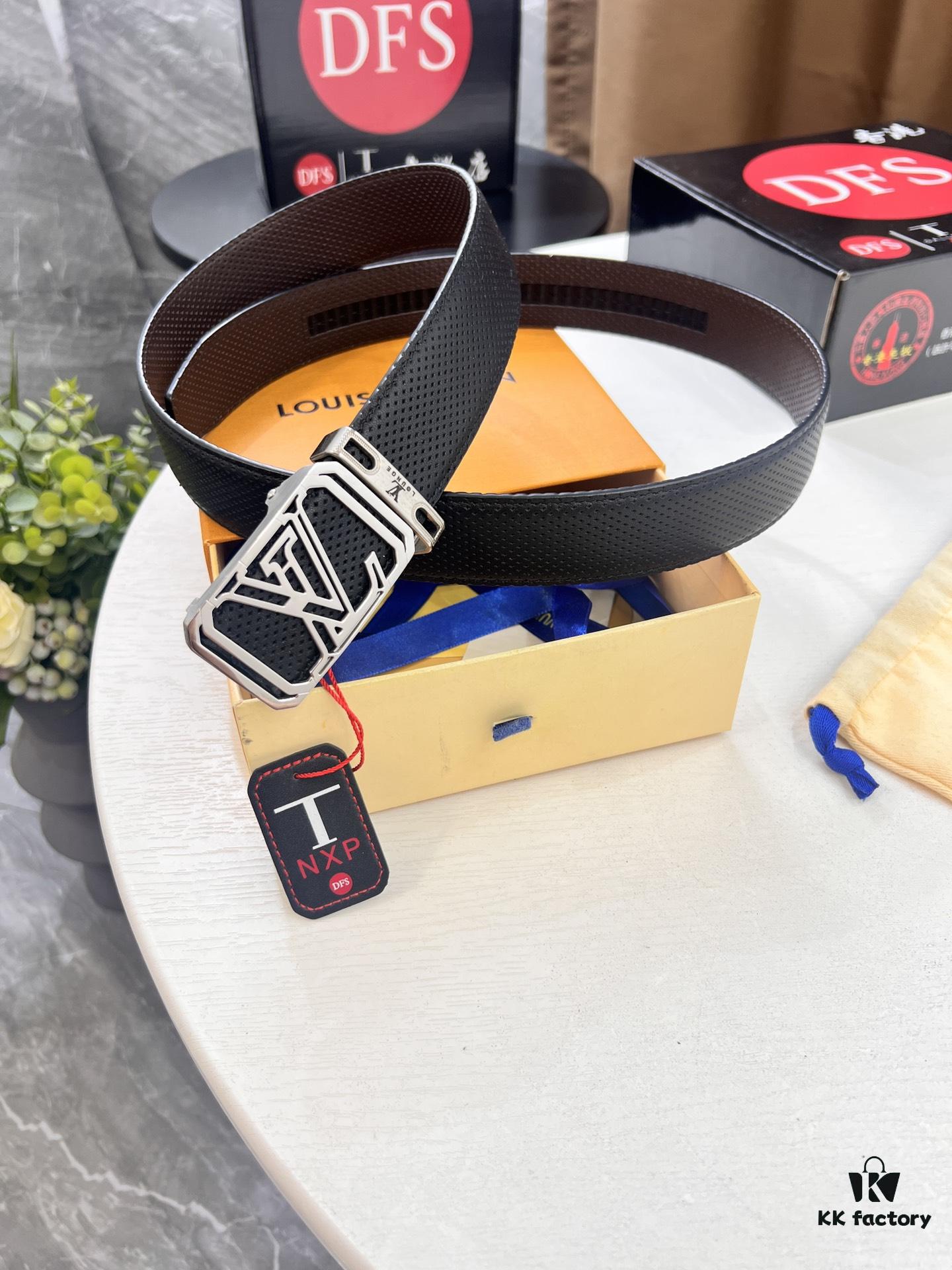 Louis Vuitton Automatic Buckle Belt, Top-Quality Genuine Leather, Imported Full-Grain Calfskin with Fine Grain Texture, 3.5 cm Width, Smooth Slide Mechanism, Stainless Steel LV Hardware