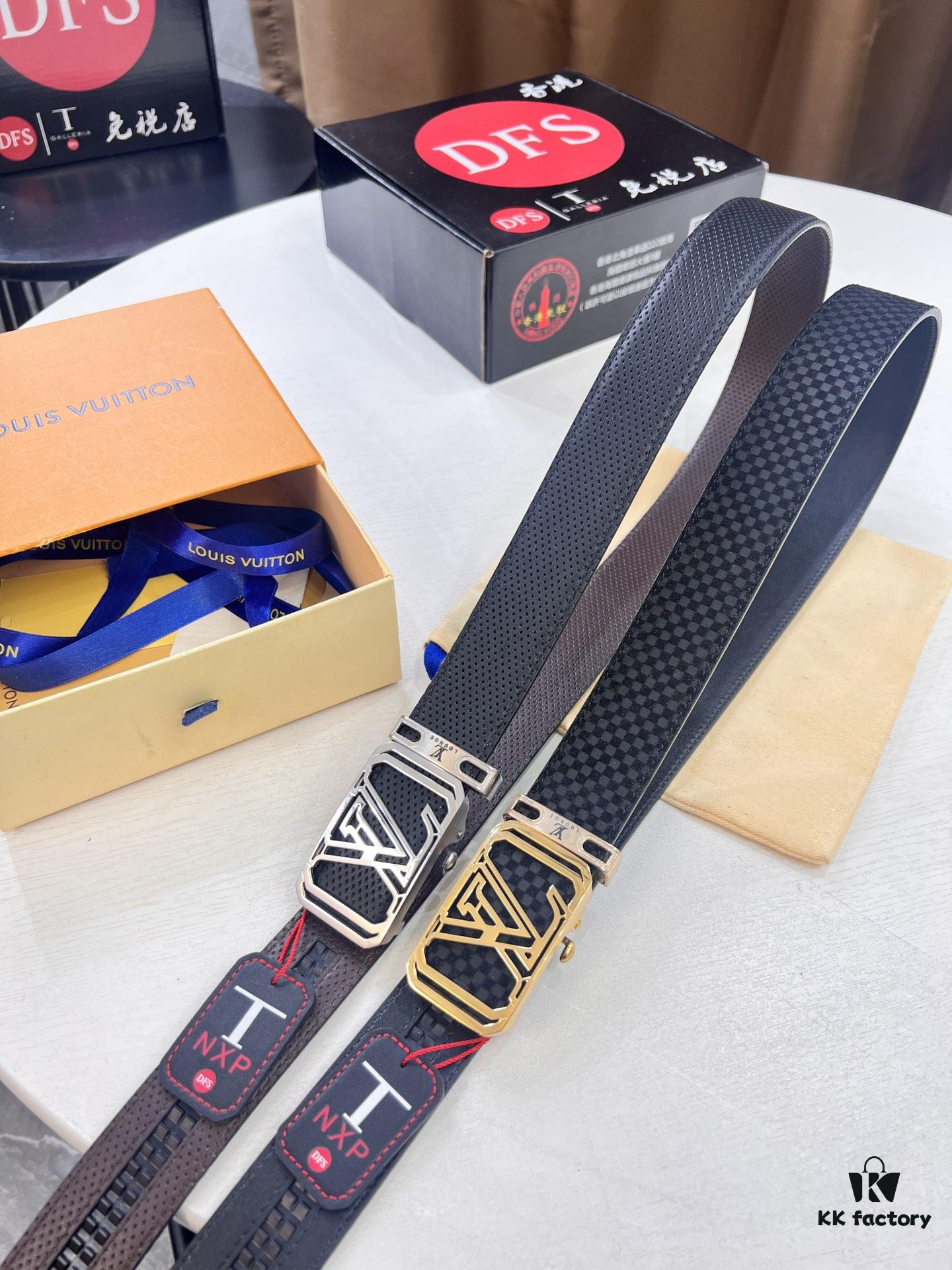 Louis Vuitton Automatic Buckle Belt, Top-Quality Genuine Leather, Imported Full-Grain Calfskin with Fine Grain Texture, 3.5 cm Width, Smooth Slide Mechanism, Stainless Steel LV Hardware