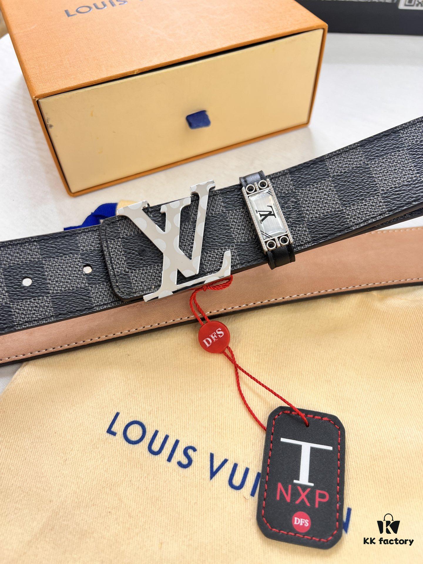LV Men's Belt, New Arrival, Genuine Cowhide Leather, Matte Finish, Corrosion-Resistant Letter Hardware, 3.8cm Width