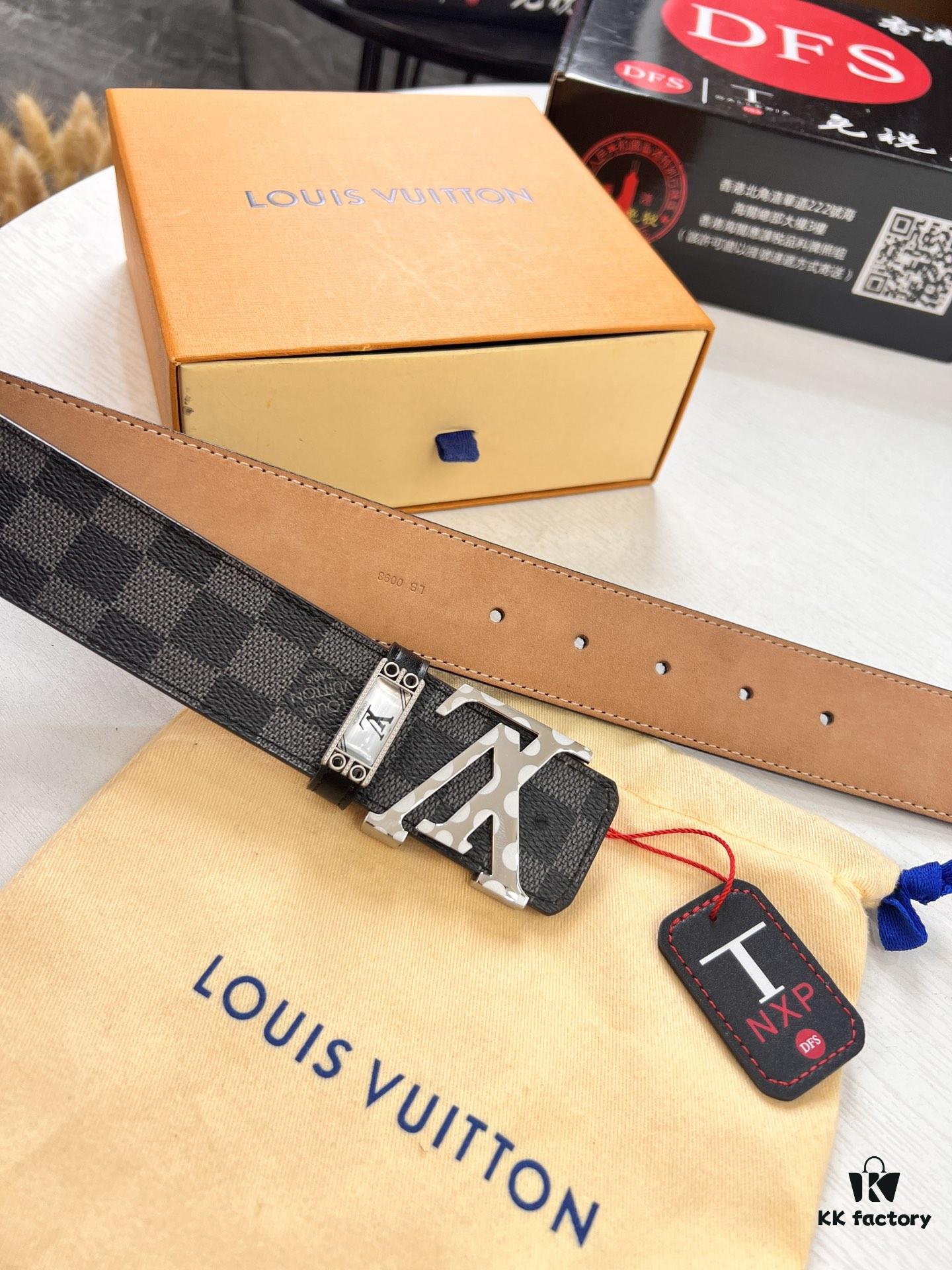 LV Men's Belt, New Arrival, Genuine Cowhide Leather, Matte Finish, Corrosion-Resistant Letter Hardware, 3.8cm Width