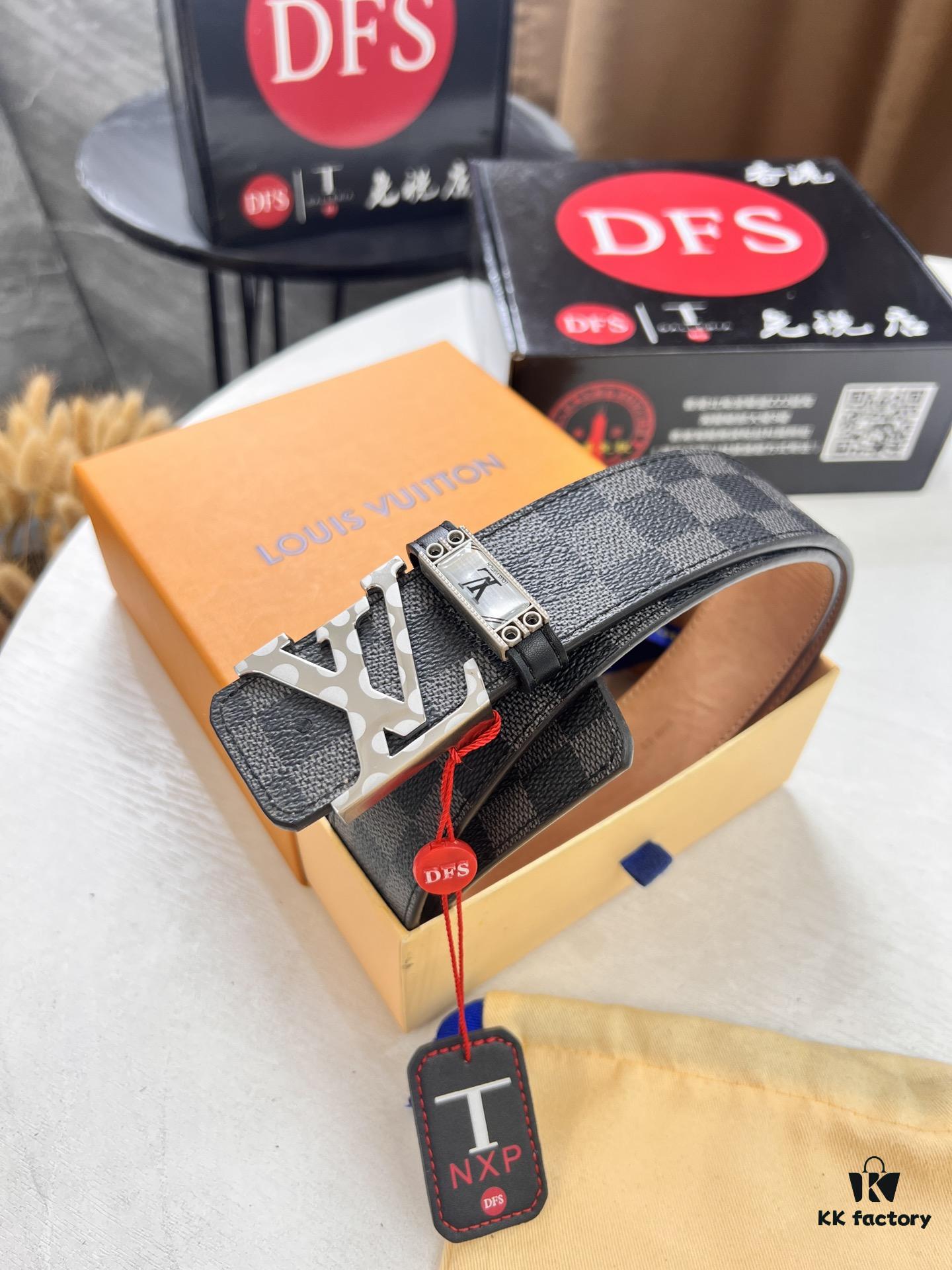 LV Men's Belt, New Arrival, Genuine Cowhide Leather, Matte Finish, Corrosion-Resistant Letter Hardware, 3.8cm Width