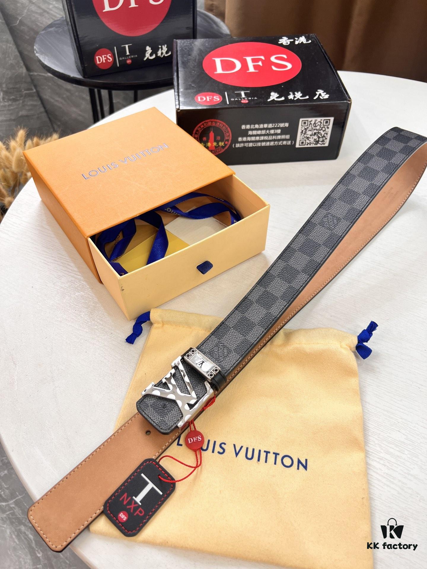 LV Men's Belt, New Arrival, Genuine Cowhide Leather, Matte Finish, Corrosion-Resistant Letter Hardware, 3.8cm Width