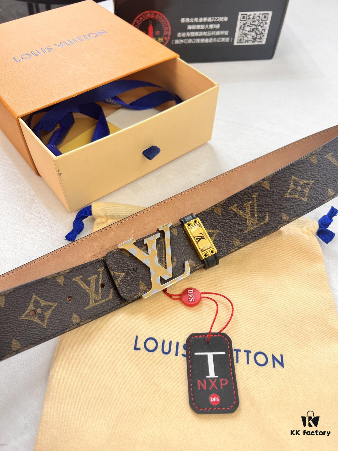 LV Men's Belt, New Arrival, Louis Vuitton Leather Belt, 3.8cm Width, Full-Grain Cowhide Matte Buckle with Etched Logo Hardware, Authentic NXP Chip, Imported Plaid Fabric