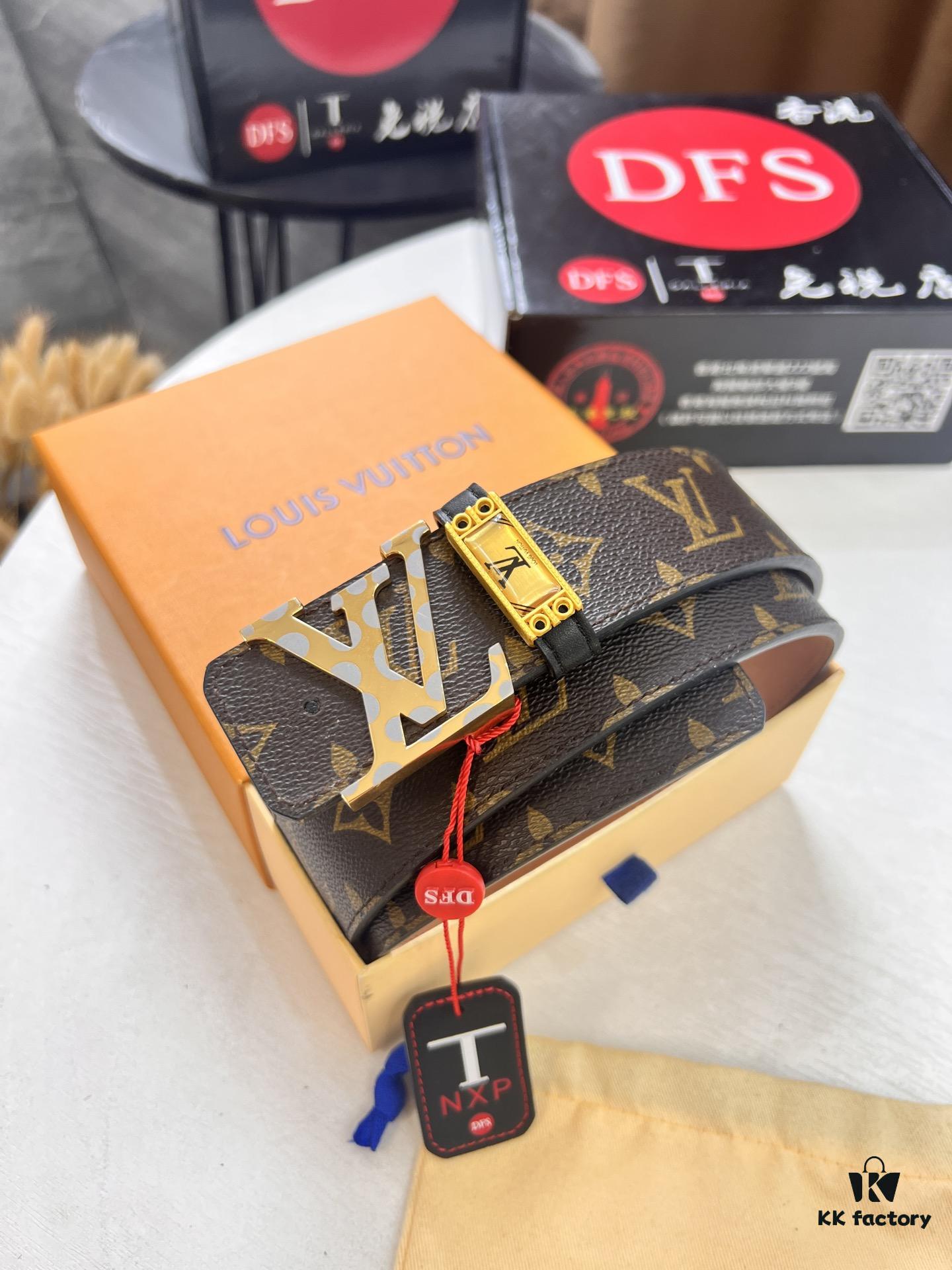 LV Men's Belt, New Arrival, Louis Vuitton Leather Belt, 3.8cm Width, Full-Grain Cowhide Matte Buckle with Etched Logo Hardware, Authentic NXP Chip, Imported Plaid Fabric