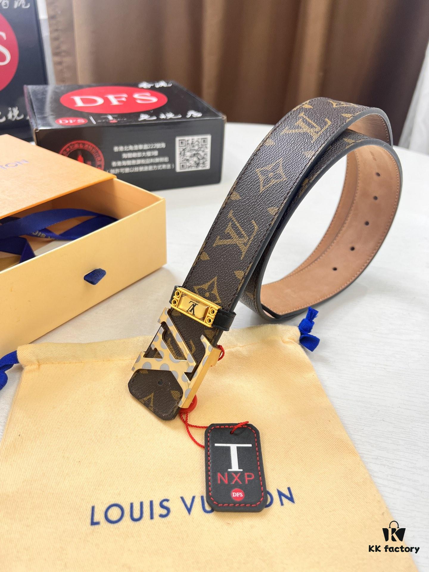 LV Men's Belt, New Arrival, Louis Vuitton Leather Belt, 3.8cm Width, Full-Grain Cowhide Matte Buckle with Etched Logo Hardware, Authentic NXP Chip, Imported Plaid Fabric