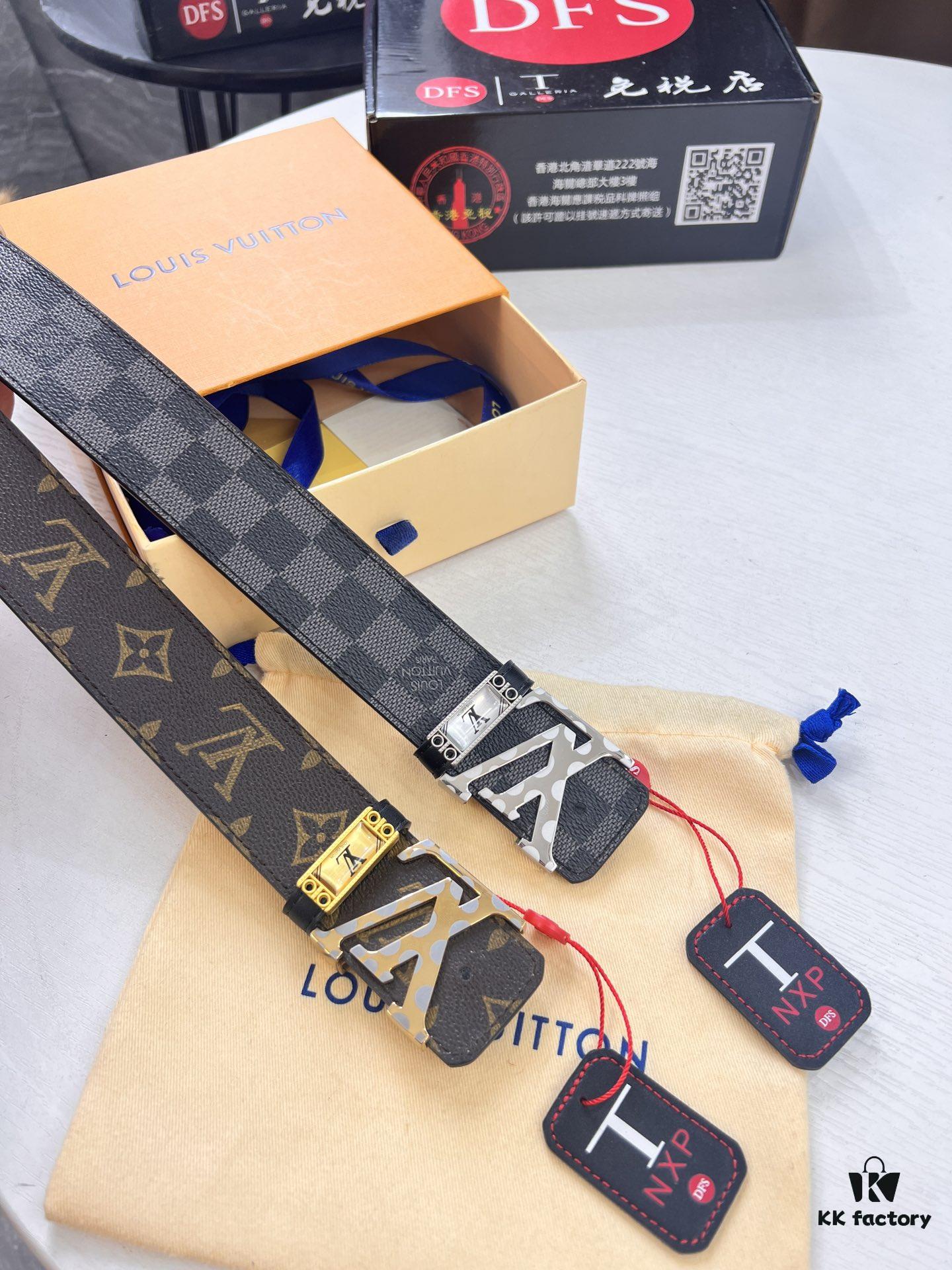 LV Men's Belt, New Arrival, Louis Vuitton Leather Belt, 3.8cm Width, Full-Grain Cowhide Matte Buckle with Etched Logo Hardware, Authentic NXP Chip, Imported Plaid Fabric