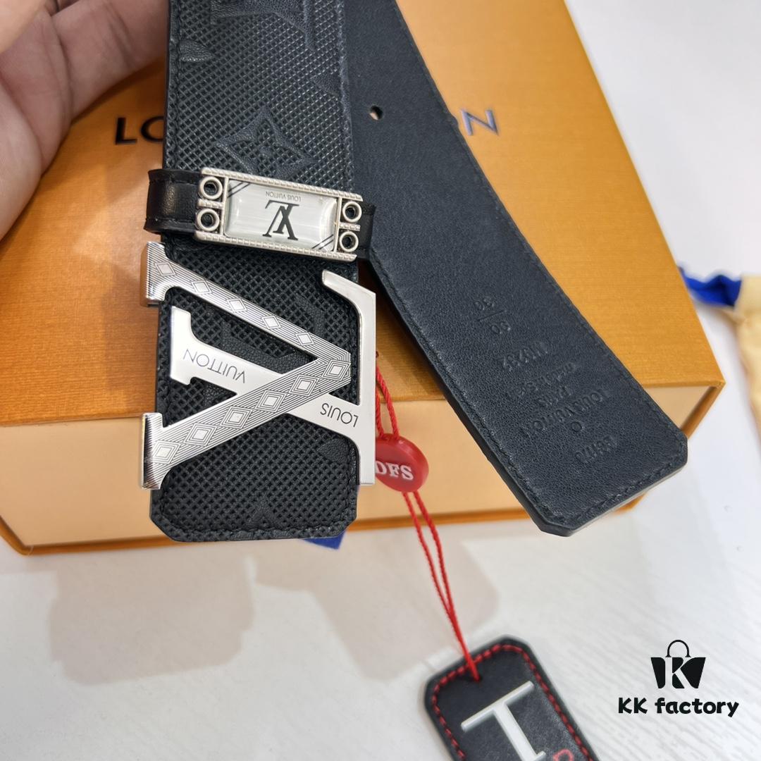 Original Factory Premium Hong Kong Tax-Free T Gift Box 🎁 (NXP RFID Tag with Verifiable Authentication), Belt with Louis Vuitton LV Buckle, Made of French Top-Grade Embossed Cowhide Leather, 3.8cm Width, High-Quality Stainless Steel Hardware with Corroded Pattern Design