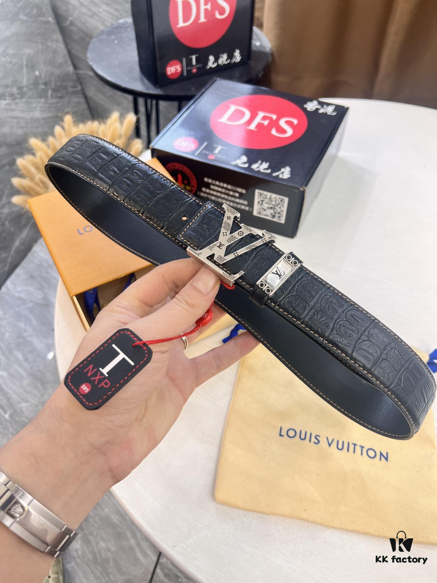 Top-Tier Louis Vuitton LV Belt – Genuine Crocodile-Texture Top Layer Calfskin, 3.8cm Width, Original Hong Kong Duty-Free Gift Box with NXP RFID Tag (Verifiable on Official Website)