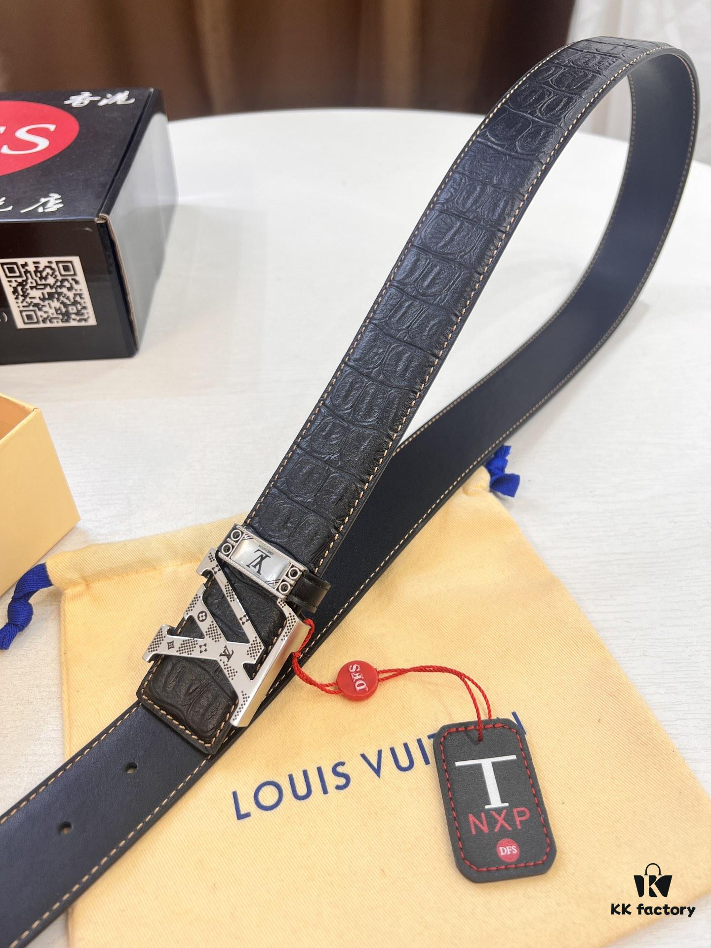 Top-Tier Louis Vuitton LV Belt – Genuine Crocodile-Texture Top Layer Calfskin, 3.8cm Width, Original Hong Kong Duty-Free Gift Box with NXP RFID Tag (Verifiable on Official Website)