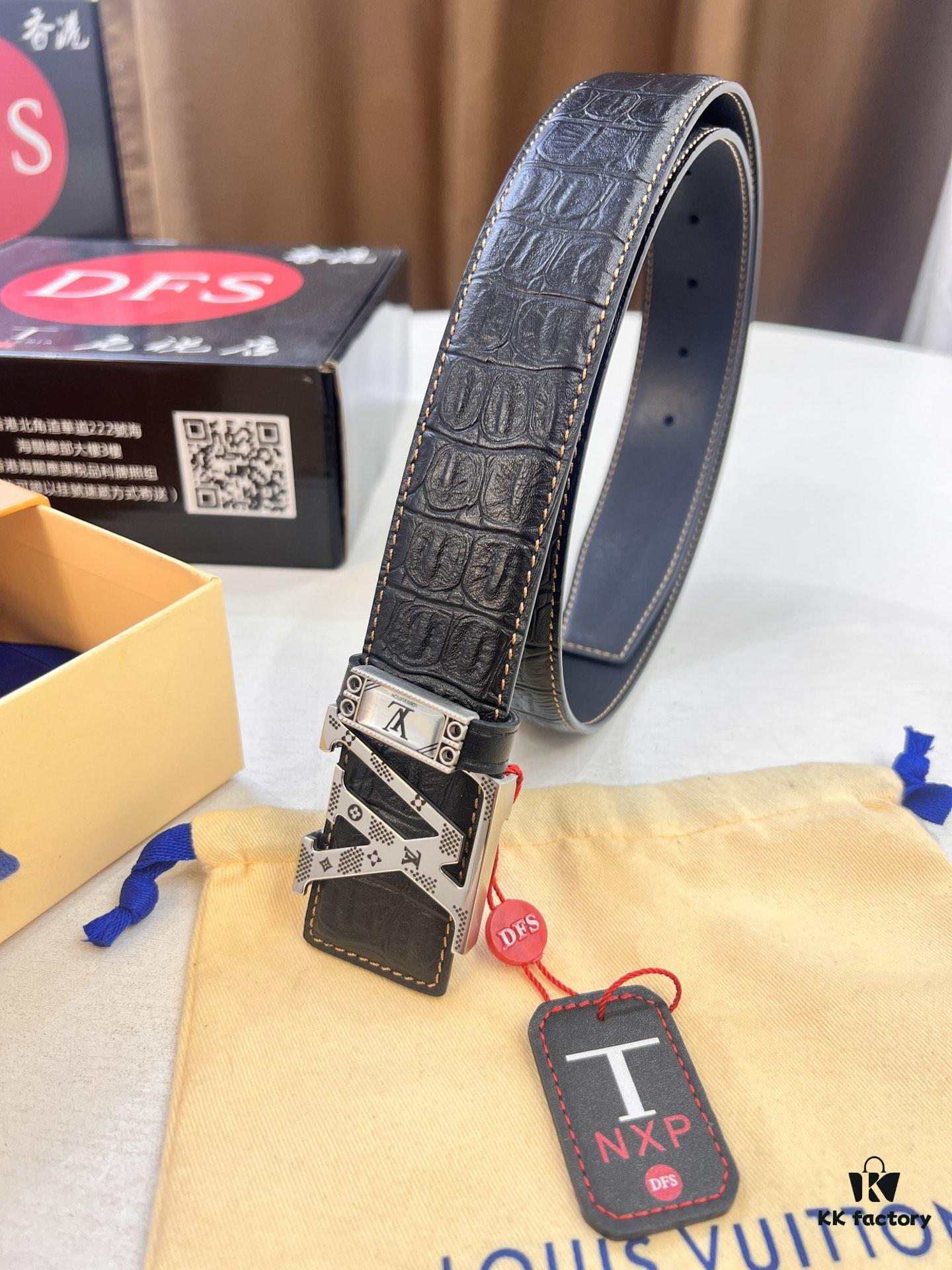 Top-Tier Louis Vuitton LV Belt – Genuine Crocodile-Texture Top Layer Calfskin, 3.8cm Width, Original Hong Kong Duty-Free Gift Box with NXP RFID Tag (Verifiable on Official Website)