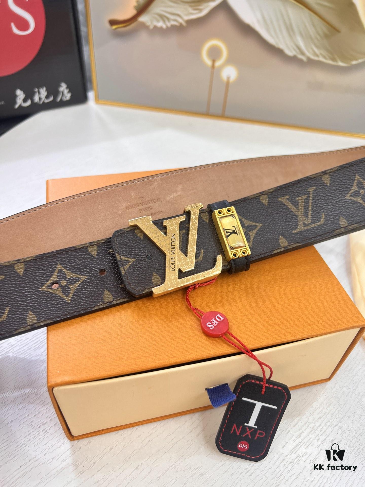 LV Men's Belt, New Arrival, Premium Cowhide Leather, Matte Finish, Corrosion-Resistant Letter Hardware, 3.8cm Width
