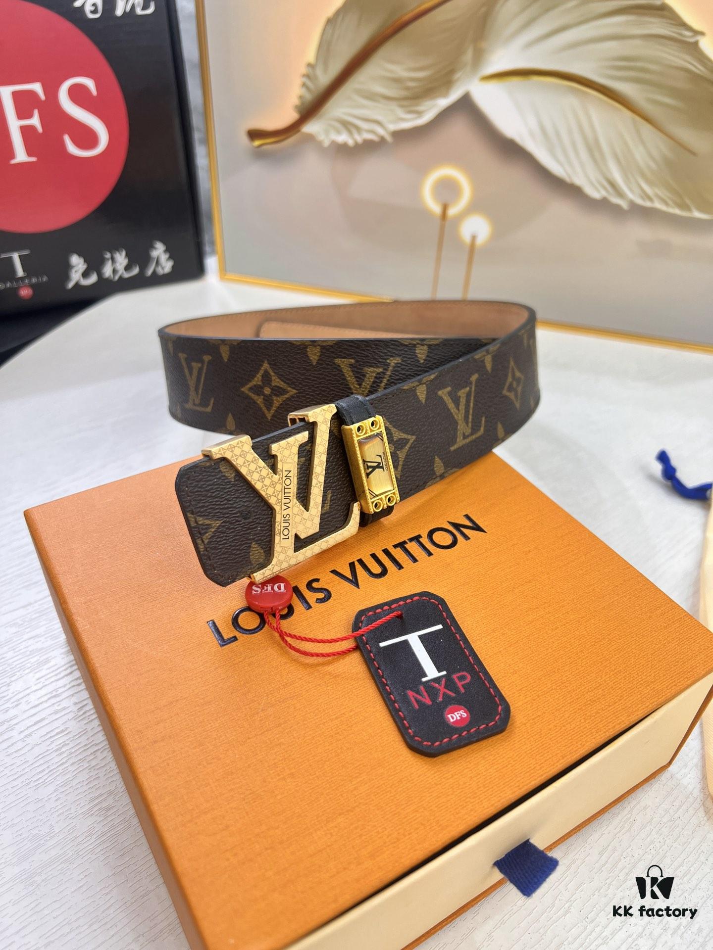 LV Men's Belt, New Arrival, Premium Cowhide Leather, Matte Finish, Corrosion-Resistant Letter Hardware, 3.8cm Width