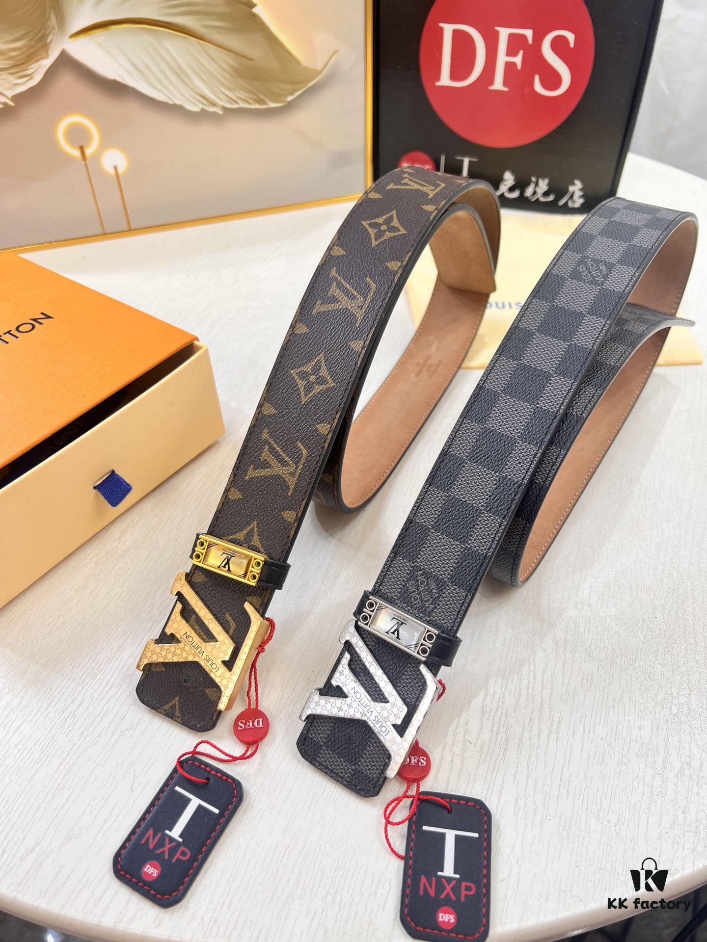 LV Men's Belt, New Arrival, Premium Cowhide Leather, Matte Finish, Corrosion-Resistant Letter Hardware, 3.8cm Width