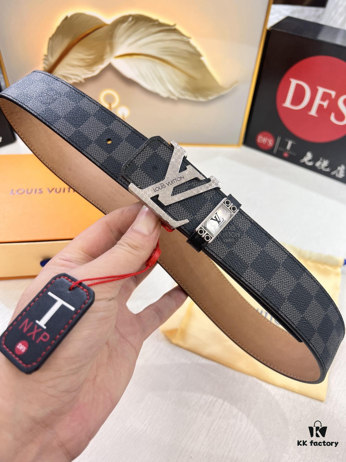 LV Men's Belt, New Arrival, Premium Cowhide Leather, Matte Finish, Corrosion-Resistant Letter Hardware, 3.8cm Width