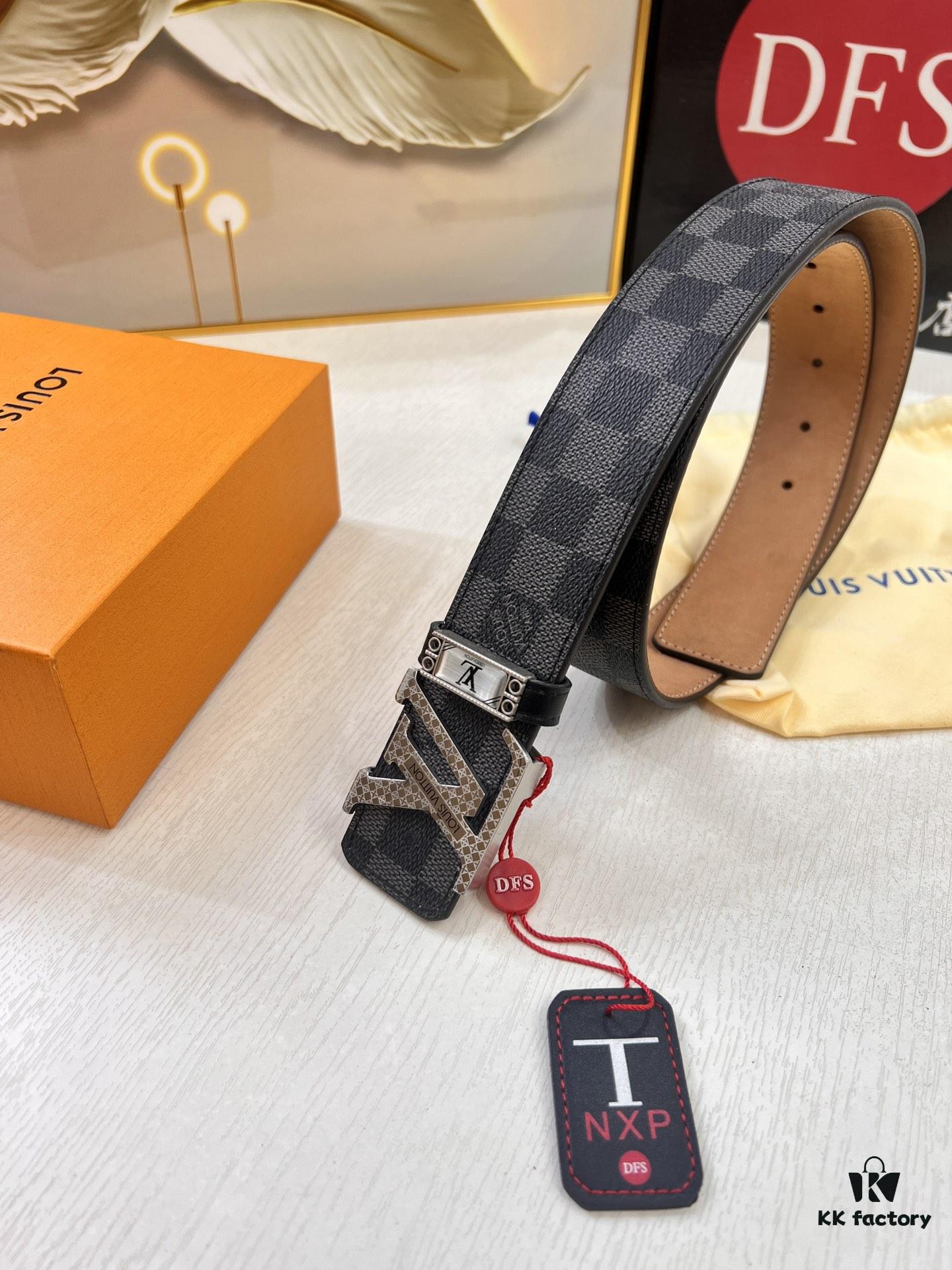 LV Men's Belt, New Arrival, Premium Cowhide Leather, Matte Finish, Corrosion-Resistant Letter Hardware, 3.8cm Width