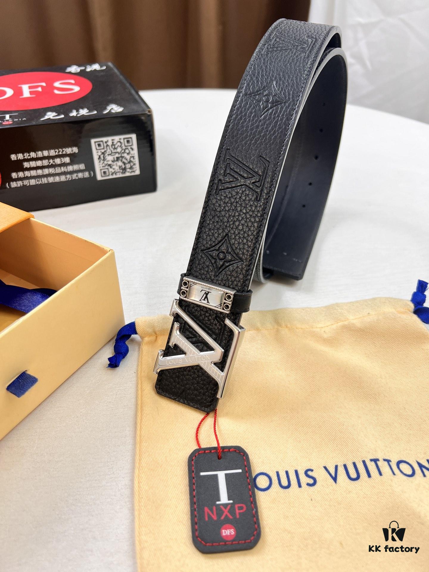 Louis Vuitton LV Men's Belt, Imported Genuine First-Layer Cowhide, 3.8cm Width, Brass Hardware with Precision Lettering
