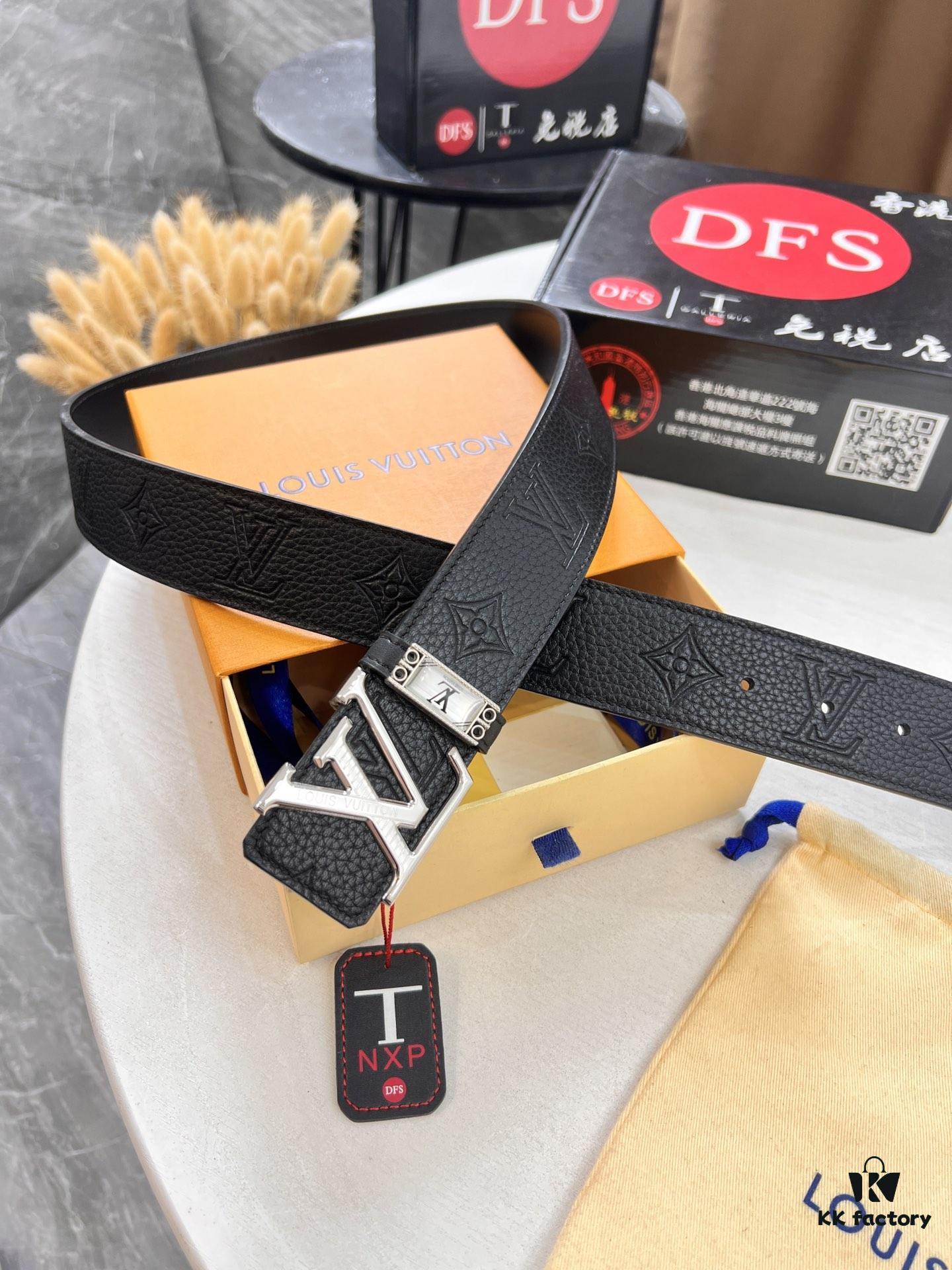 Louis Vuitton LV Men's Belt, Imported Genuine First-Layer Cowhide, 3.8cm Width, Brass Hardware with Precision Lettering