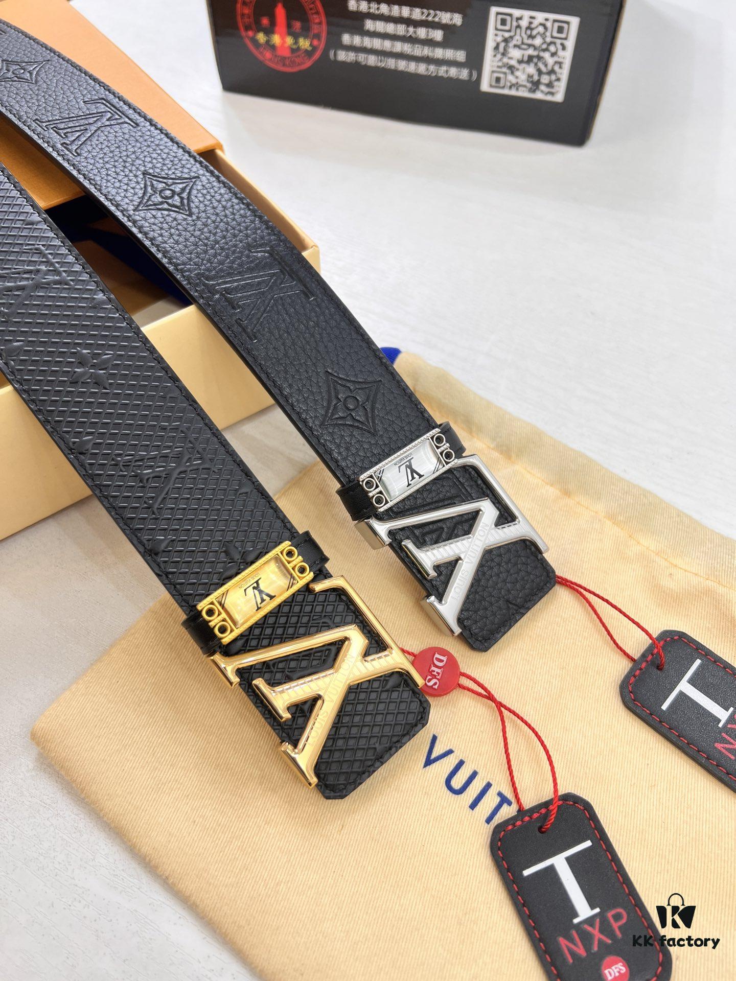 Louis Vuitton LV Men's Belt, Imported Genuine First-Layer Cowhide, 3.8cm Width, Brass Hardware with Precision Lettering