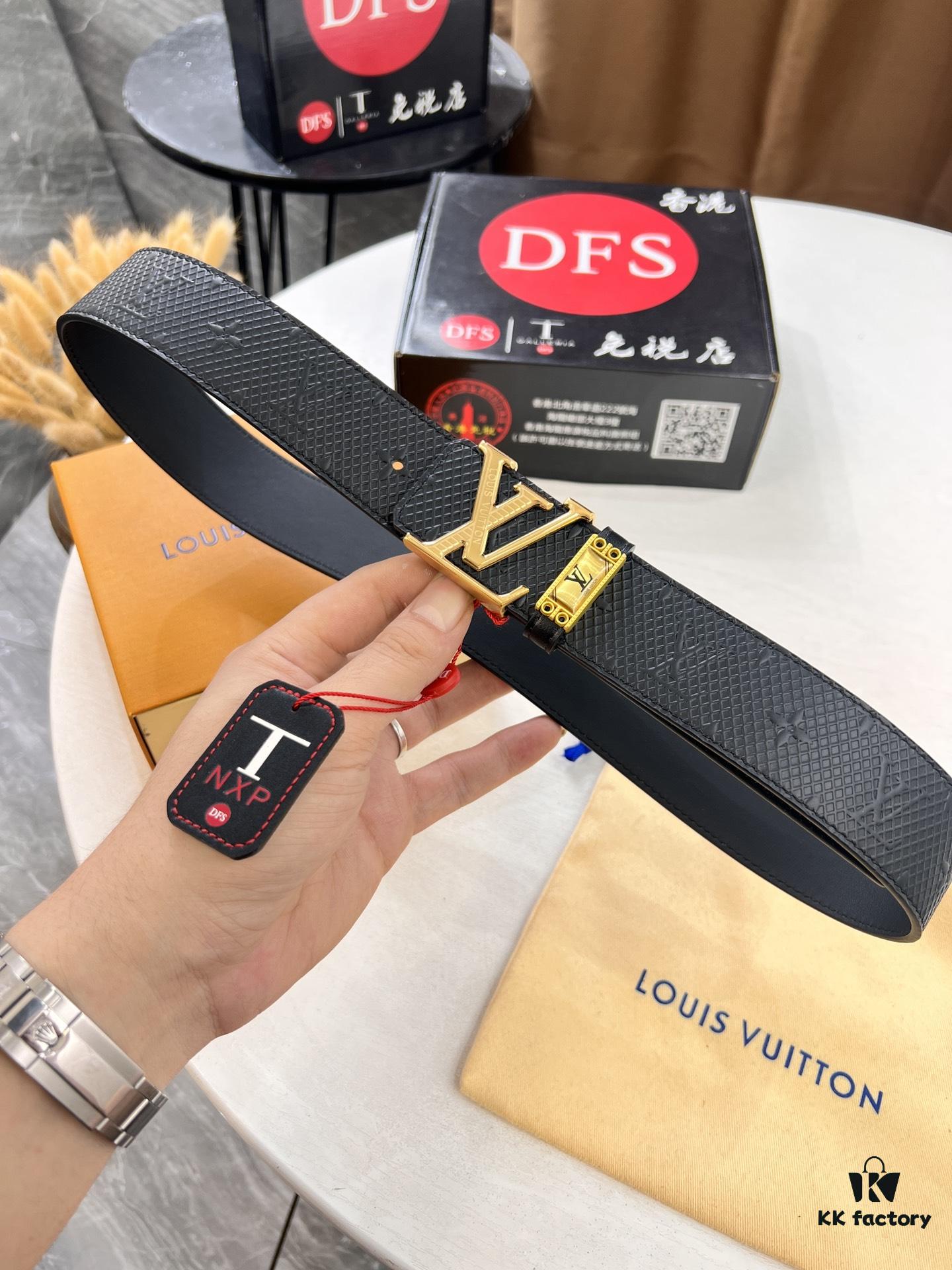 Louis Vuitton LV Men's Belt, Imported Genuine Original Factory Embossing, Top-Quality Full-Grain Calfskin Leather, 3.8cm Width, Brass Hardware with Precision Lettering